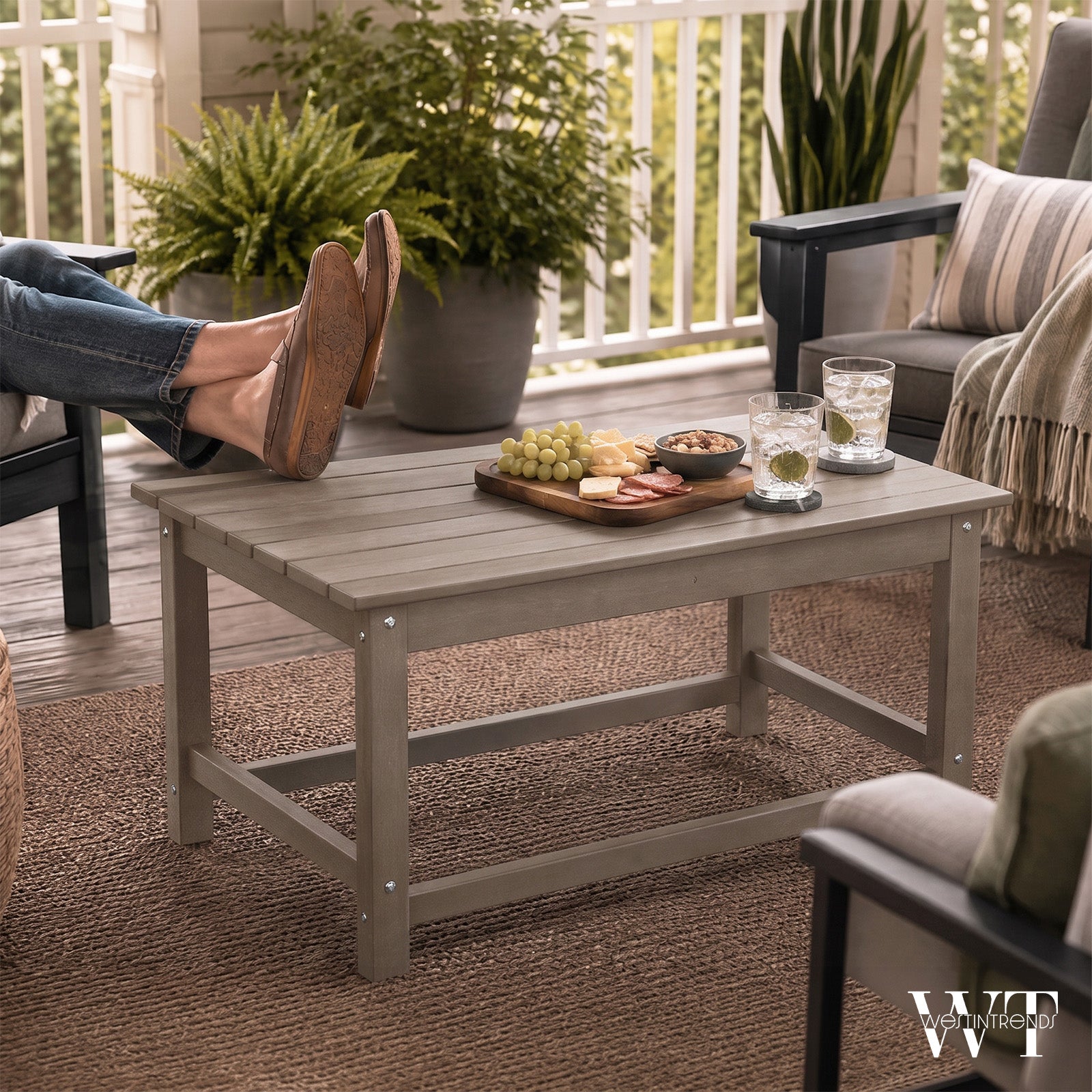 WestinTrends Malibu Outdoor Poly Coffee Table, 35.25 x 17.5 Inch, Weathered Wood