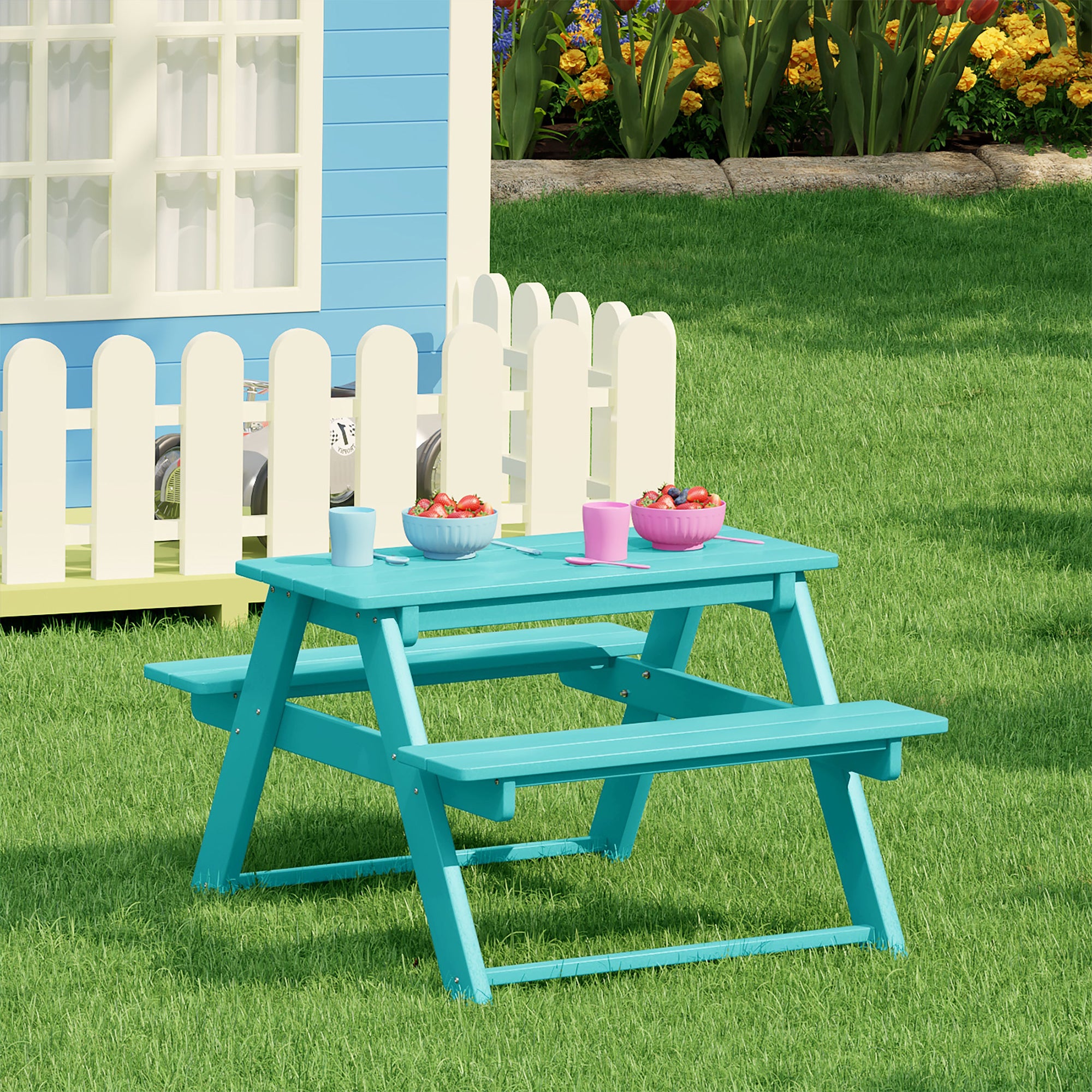 WestinTrends Malibu Indoor/Outdoor HDPE Picnic Bench Table for Kids, Turquoise