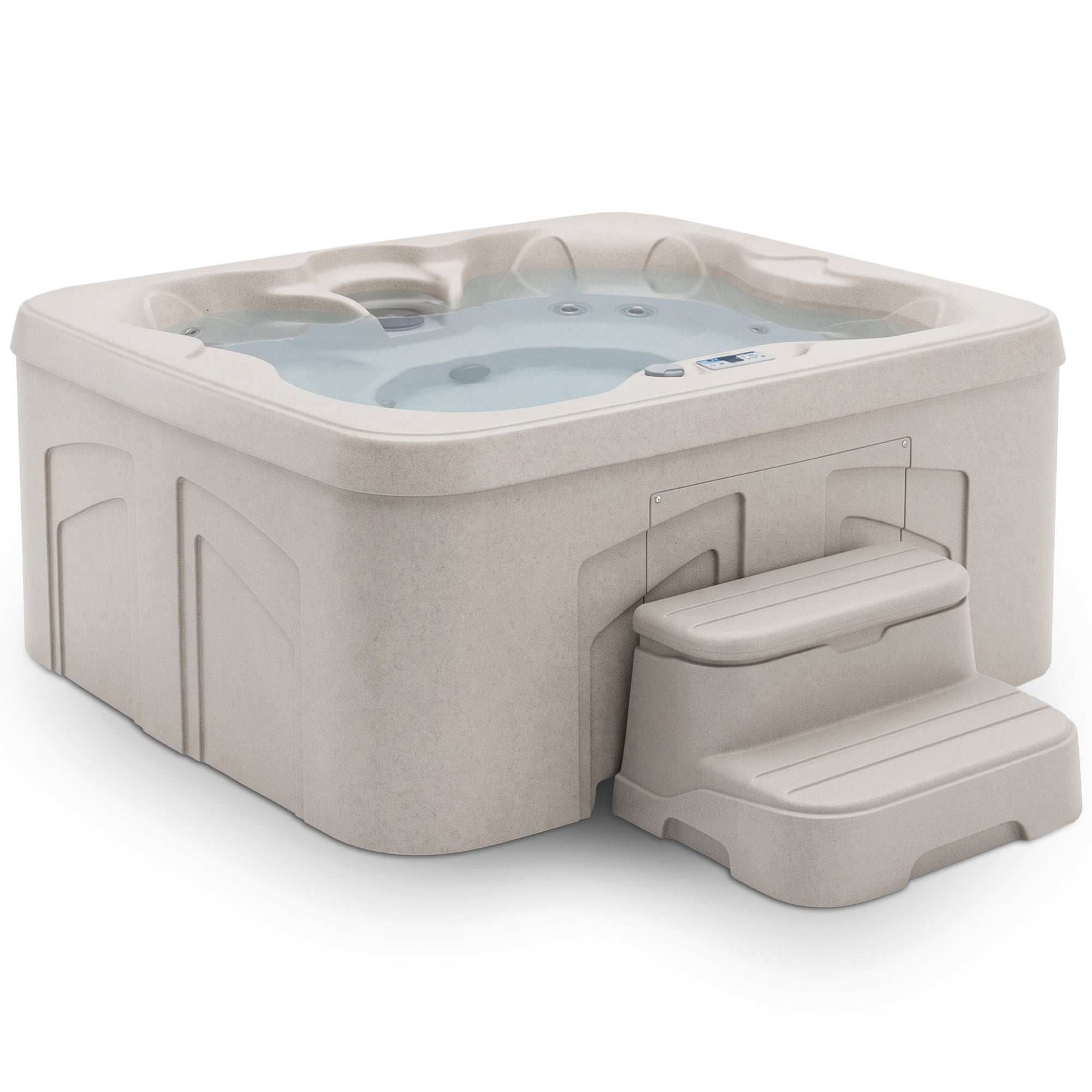 LifeSmart 4 Person Square Hot Tub Spa with Black Cover & Molded Spa Step, Sand