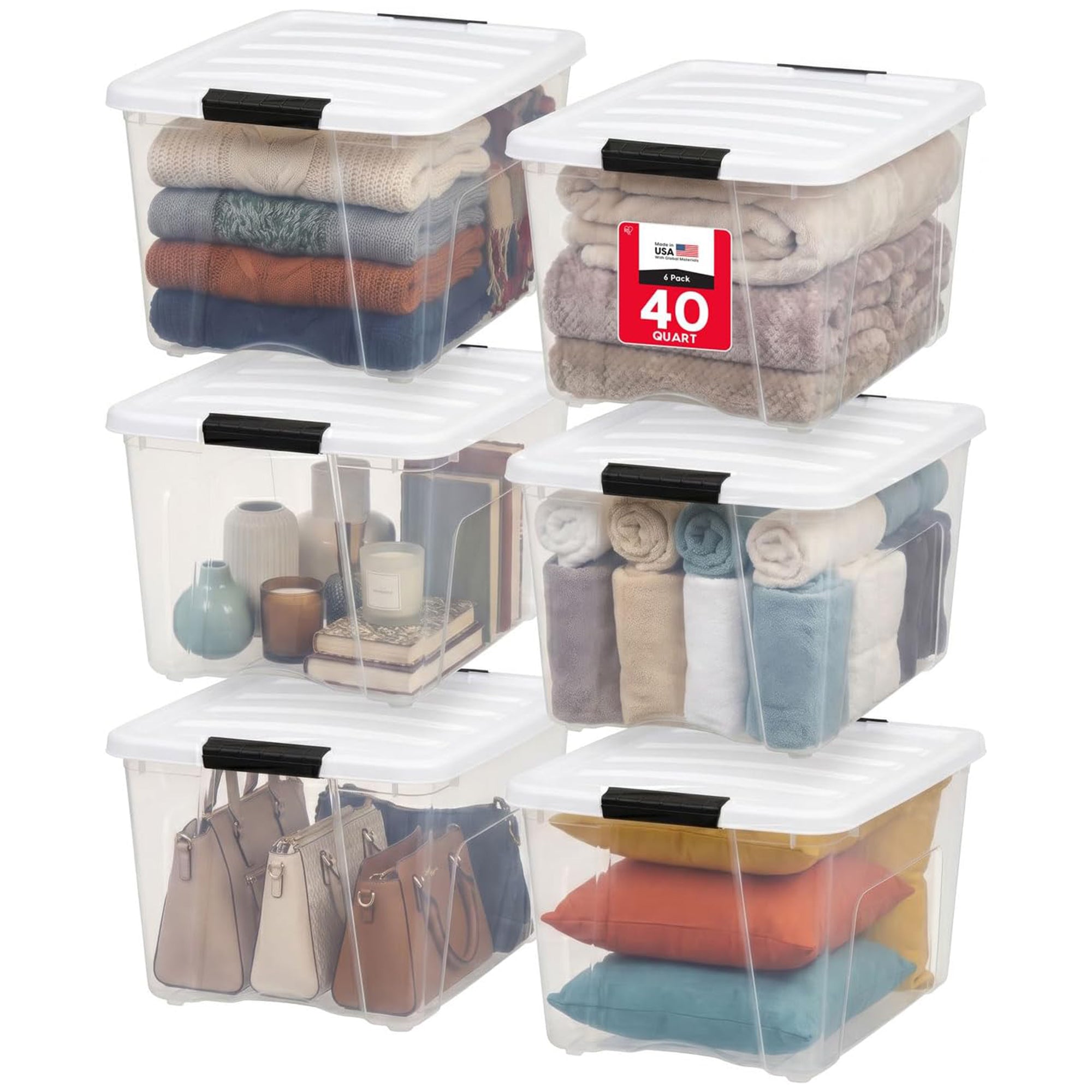IRIS USA 12-Pack 40 Quart Stackable Storage Bins with Lids, Clear/White