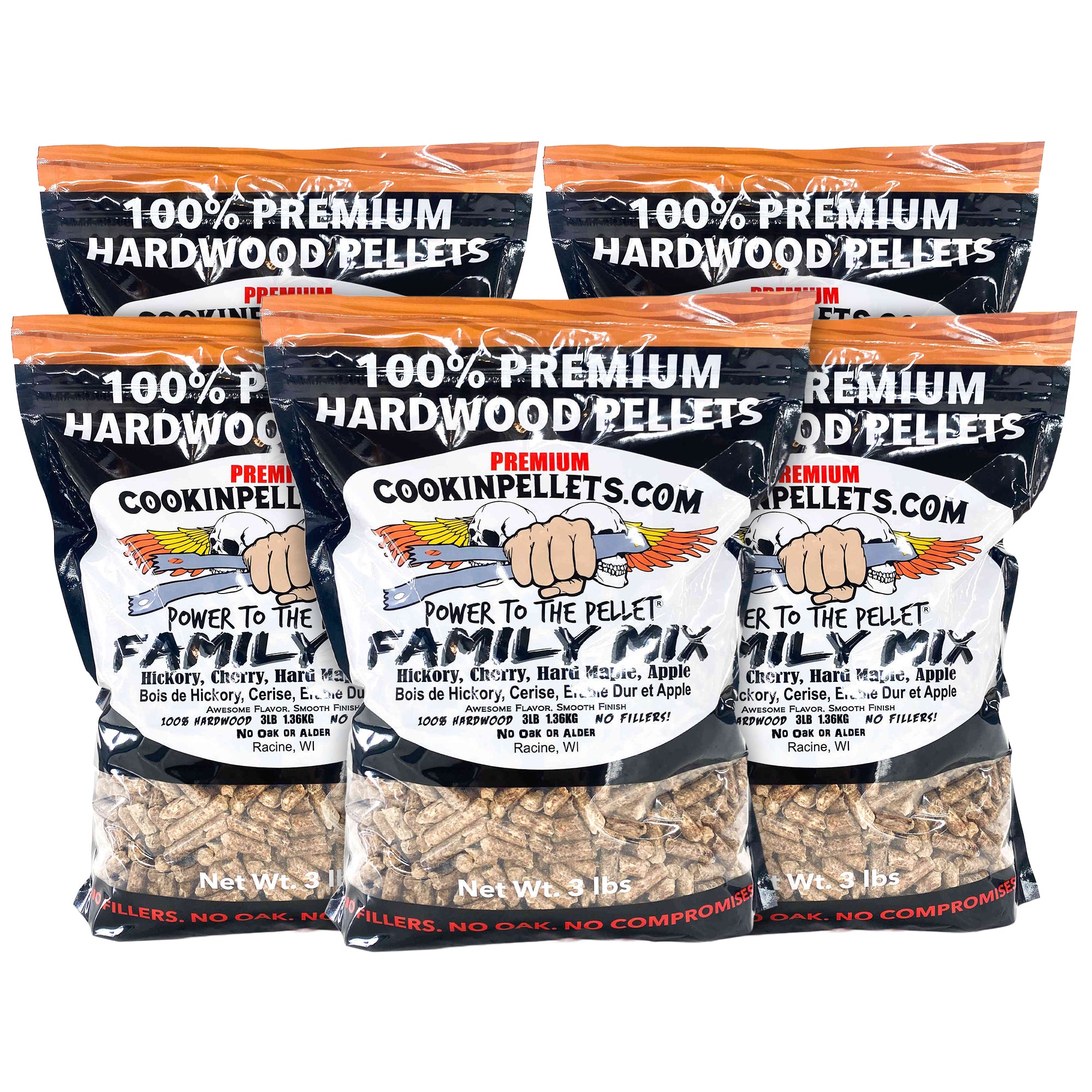 CookinPellets Family Mix Wood Pellets for Indoor/Outdoor Smokers, 3Lbs, 5 Pack
