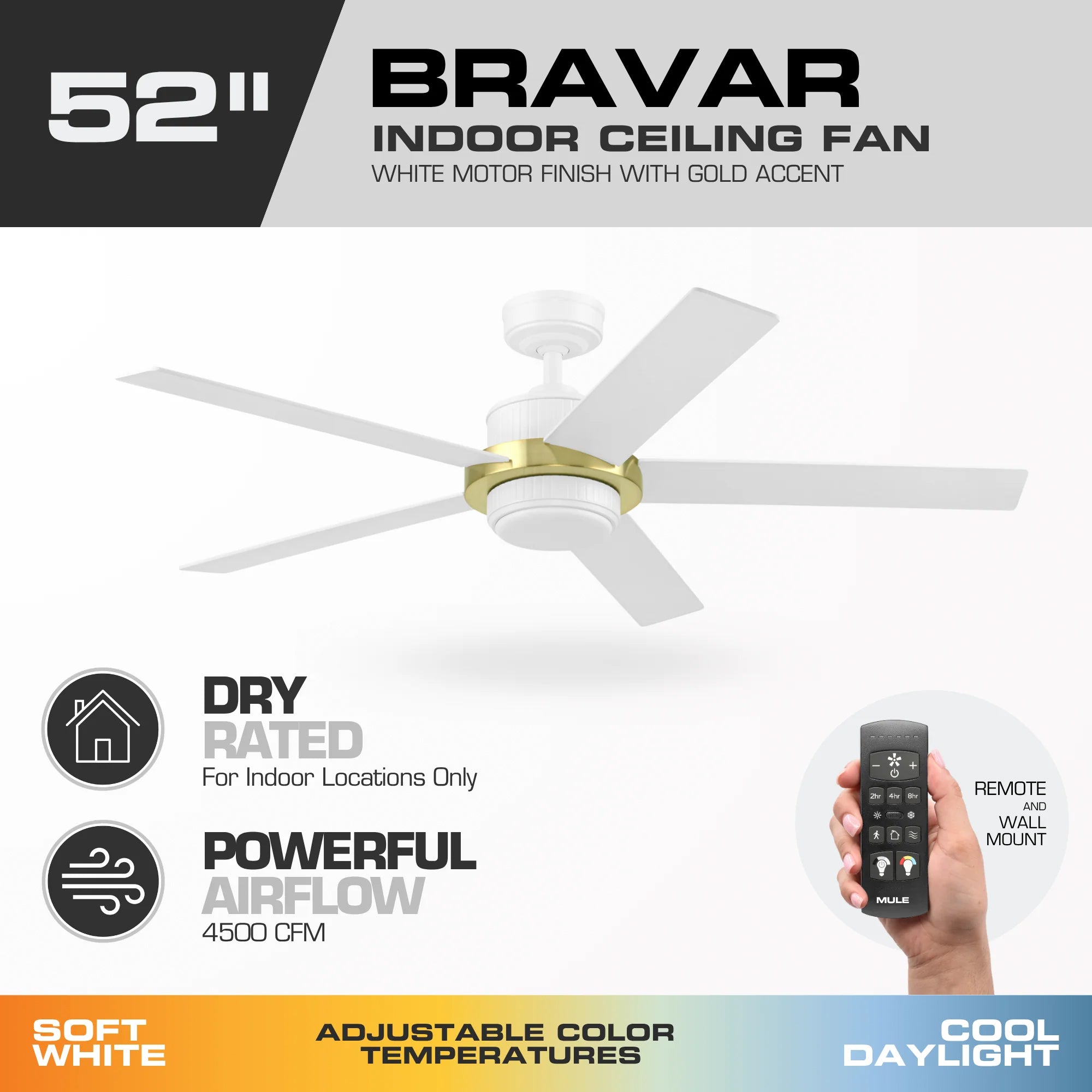 Mule Bravar 52-Inch Ceiling Fan with LED Light and Remote Control, White/Gold
