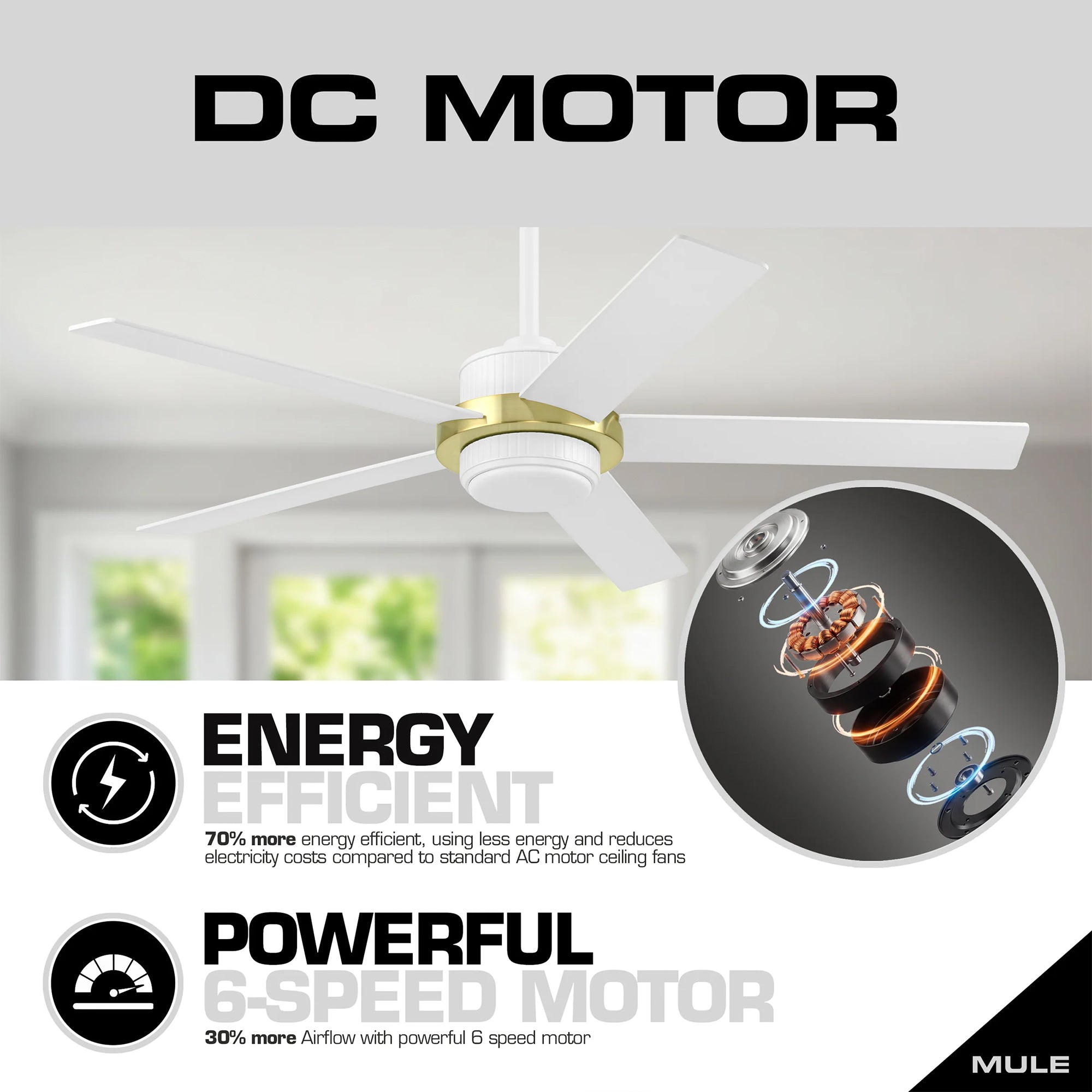 Mule Bravar 52-Inch Ceiling Fan with LED Light and Remote Control, White/Gold