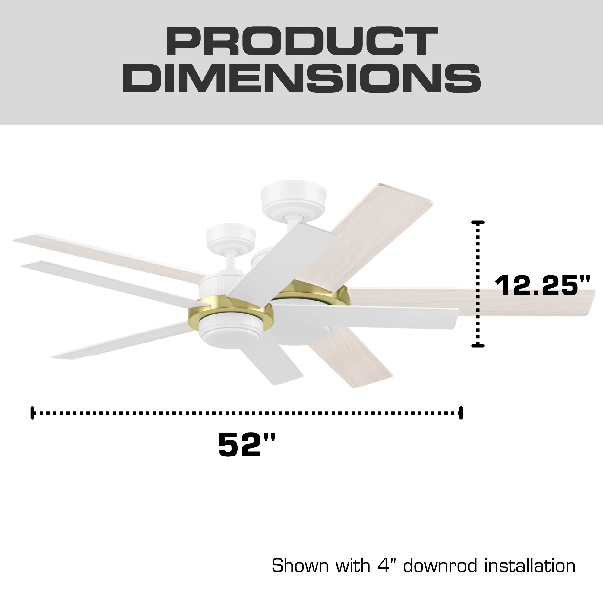 Mule Bravar 52-Inch Ceiling Fan with LED Light and Remote Control, White/Gold
