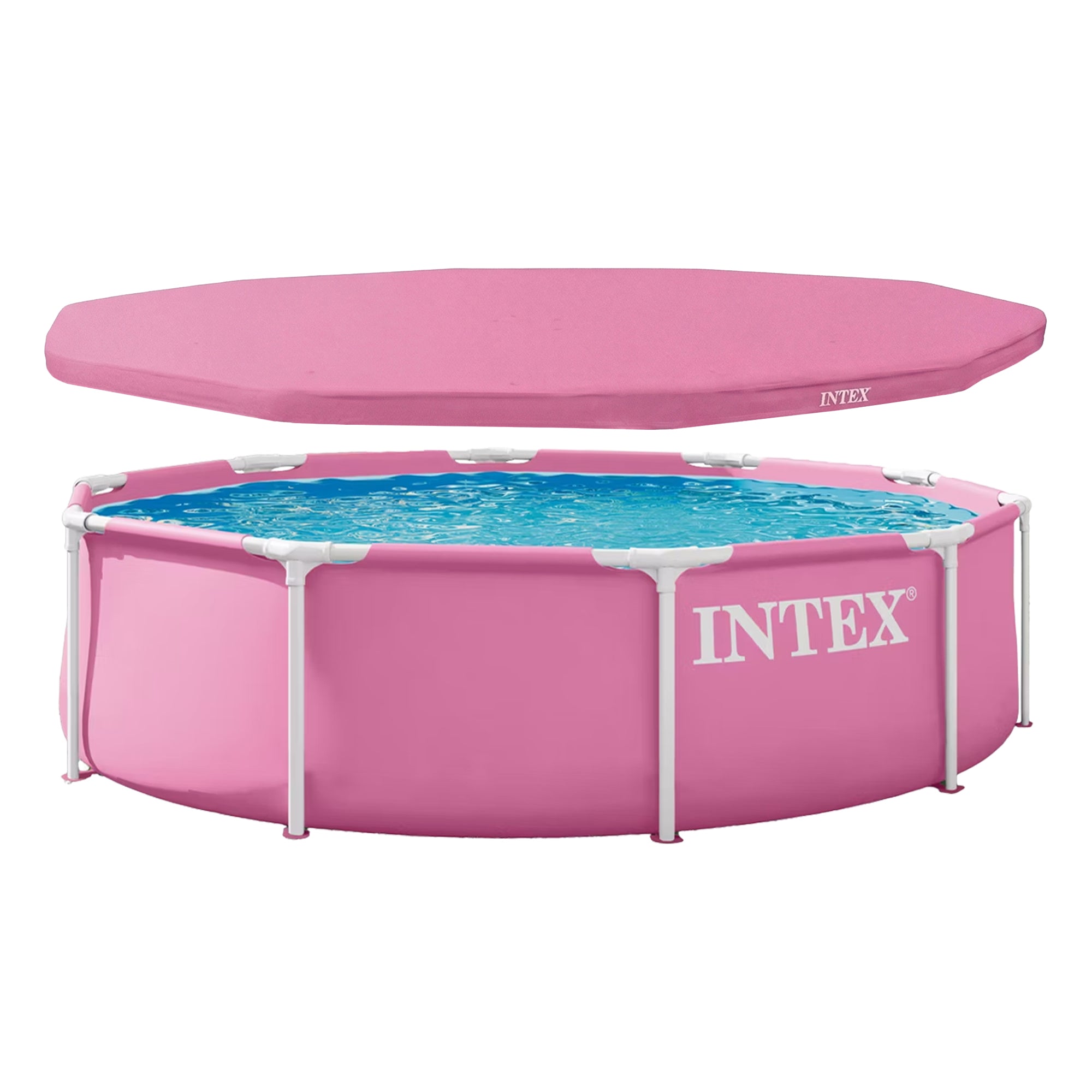 INTEX 10' x 30" Metal Frame Above Ground Swimming Pool with Round Cover, Pink