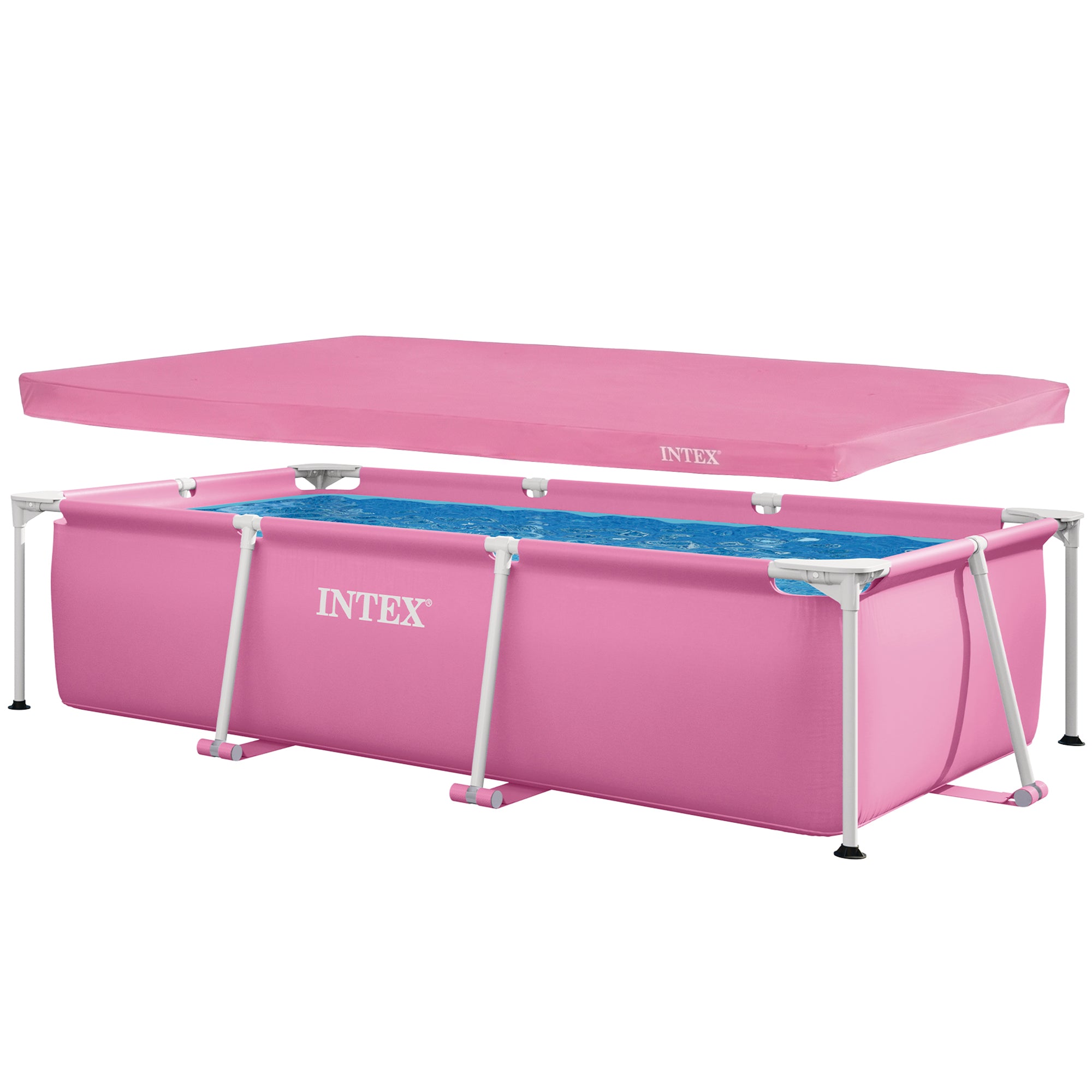 Intex 8.5'x5.4'x26" Metal Frame Above Ground Pool with Rectangular Cover, Pink