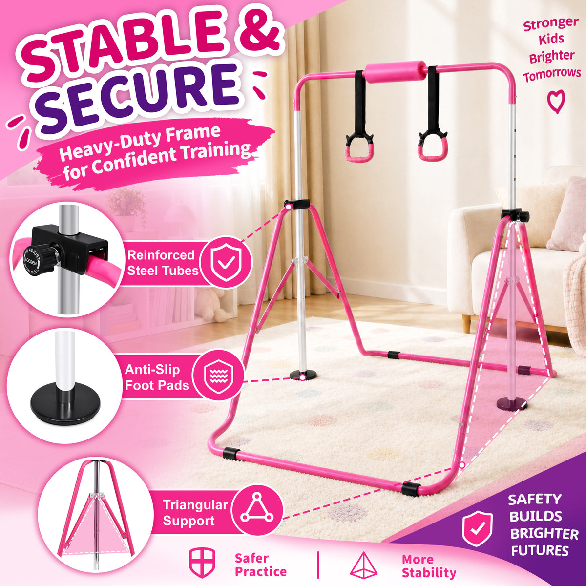 Fitvids Adjustable Folding Gymnastics Kip Bar for Kids Training, Up to 130 lb - VMInnovations