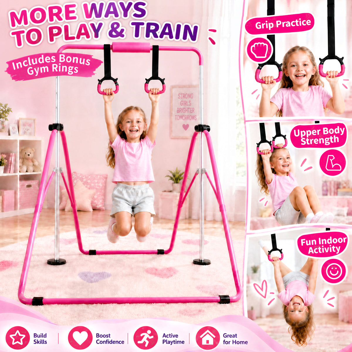 Fitvids Adjustable Folding Gymnastics Kip Bar for Kids Training, Up to 130 lb - VMInnovations