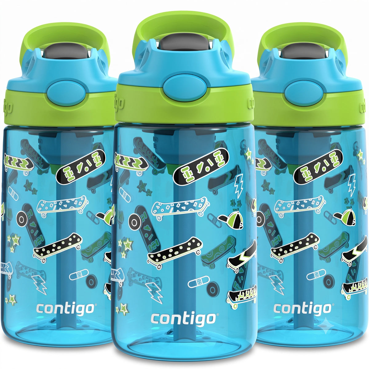 Contigo 3 Pack Kids Aubrey 14 oz Water Bottle w/AutoSpout Straw, Blue Raspberry - VMInnovations