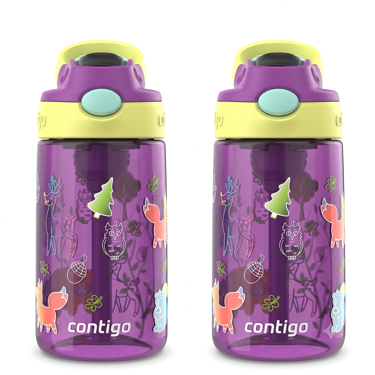 Contigo 2 Pack Kids Aubrey 14 oz Water Bottle with AutoSpout Straw, Grape Forest - VMInnovations
