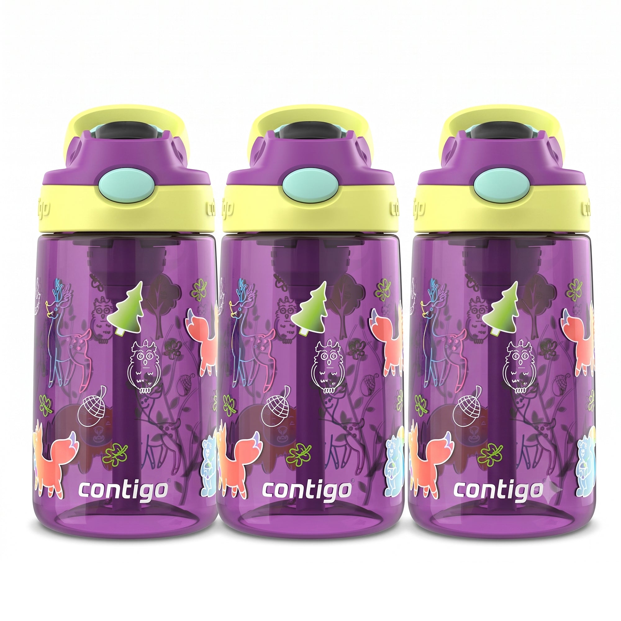 Contigo 3 Pack Kids Aubrey 14 oz Water Bottle with AutoSpout Straw, Grape Forest - VMInnovations