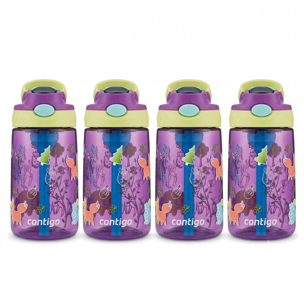 Contigo 4 Pack Kids Aubrey 14 oz Water Bottle with AutoSpout Straw, Grape Forest - VMInnovations
