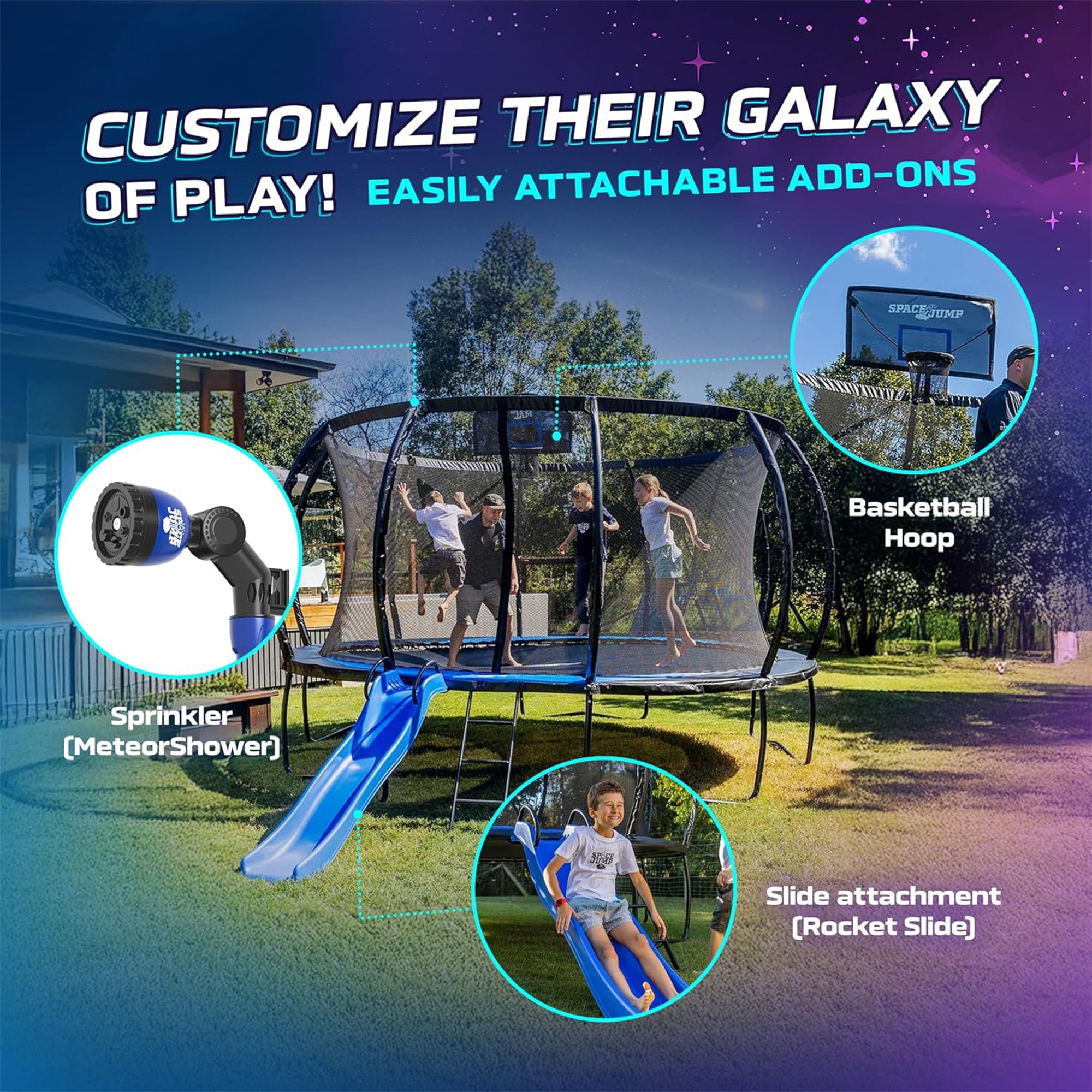 SpaceJump Astro 16' Round Outdoor Trampoline w/ AstroJam Basketball Hoop, Black