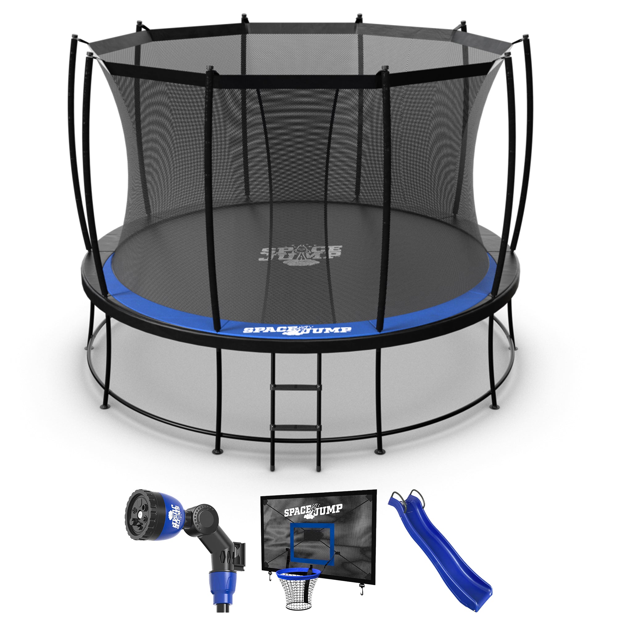 SpaceJump Astro 12' Trampoline, Outdoor Ultimate Set with Slide, Hoop & Sprayer - VMInnovations