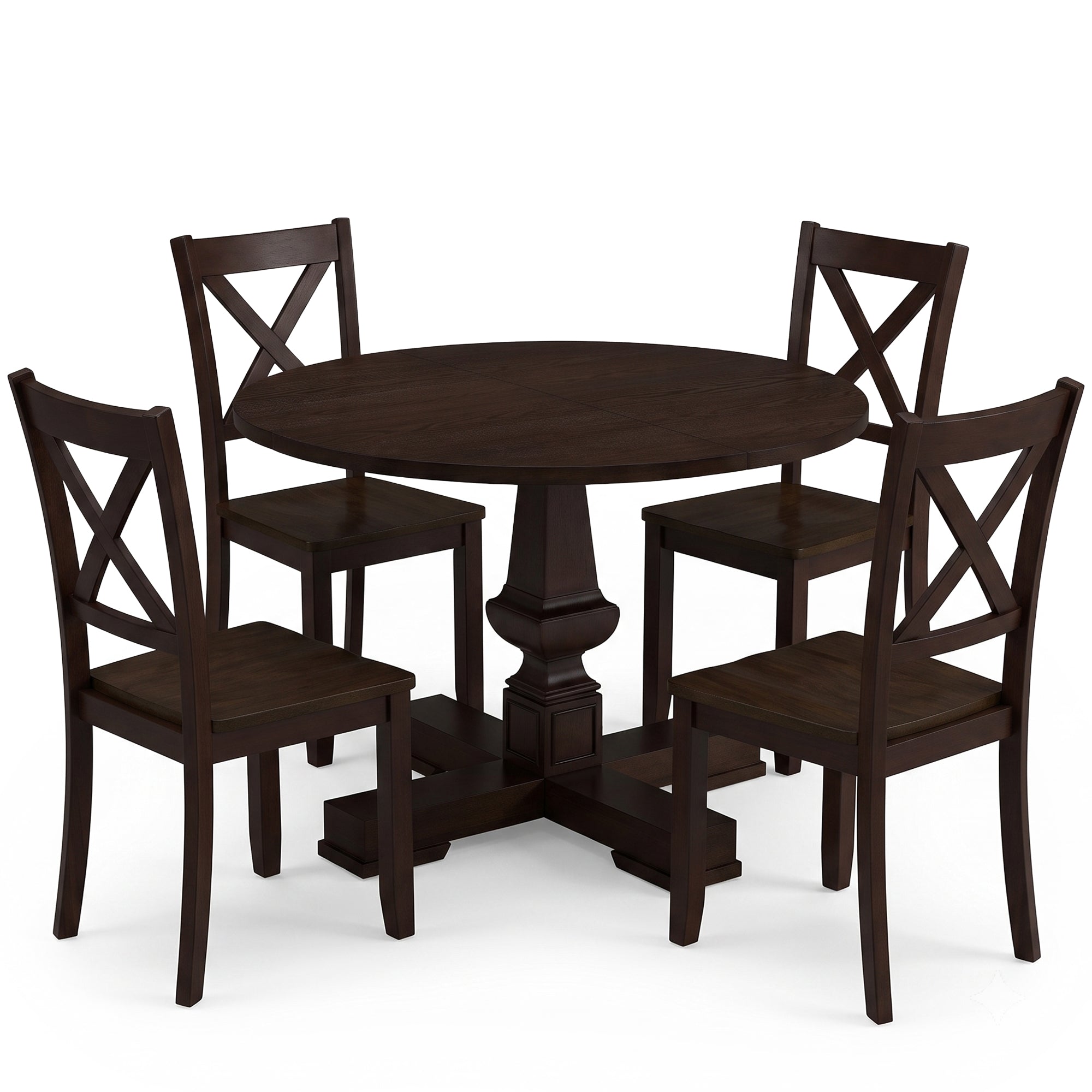 ROME + OAK Farmhouse Dining Set with 44" Round Table and 4 Chairs, Dark Brown