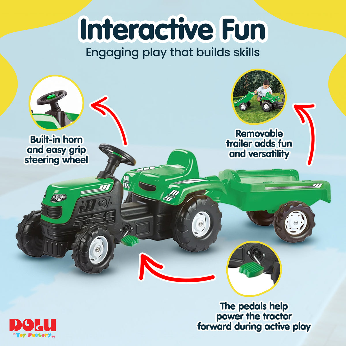 DOLU Ranchero Pedal Operated Toy Tractor with Trailer, Ages 3+ Years, Green