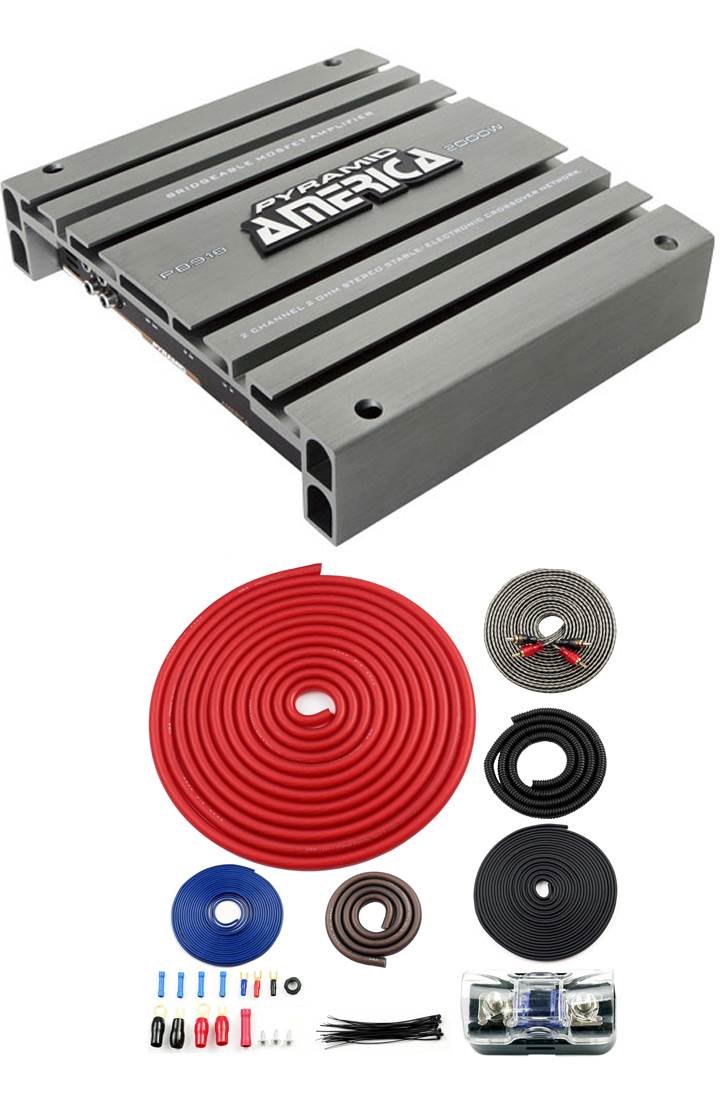 PYRAMID PB918 2000W 2-Channel Car Audio Amplifier Bridge + 4 Gauge Amp Kit Red - VMInnovations