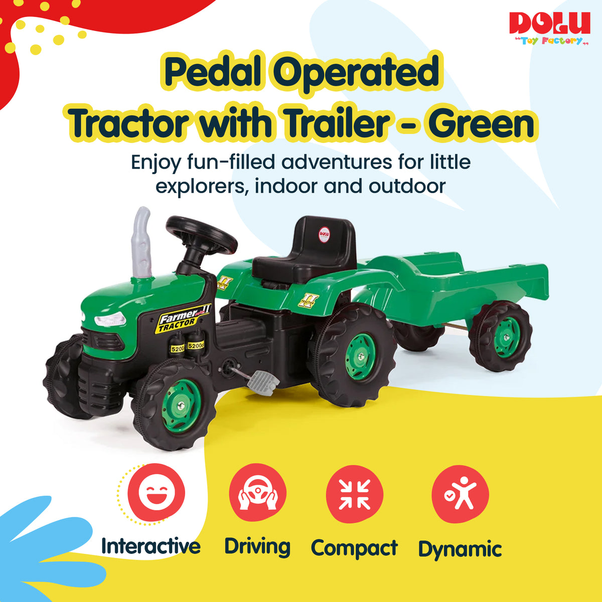 DOLU Pedal Operated Toy Tractor with Trailer for Ages 3 Years and Up, Green
