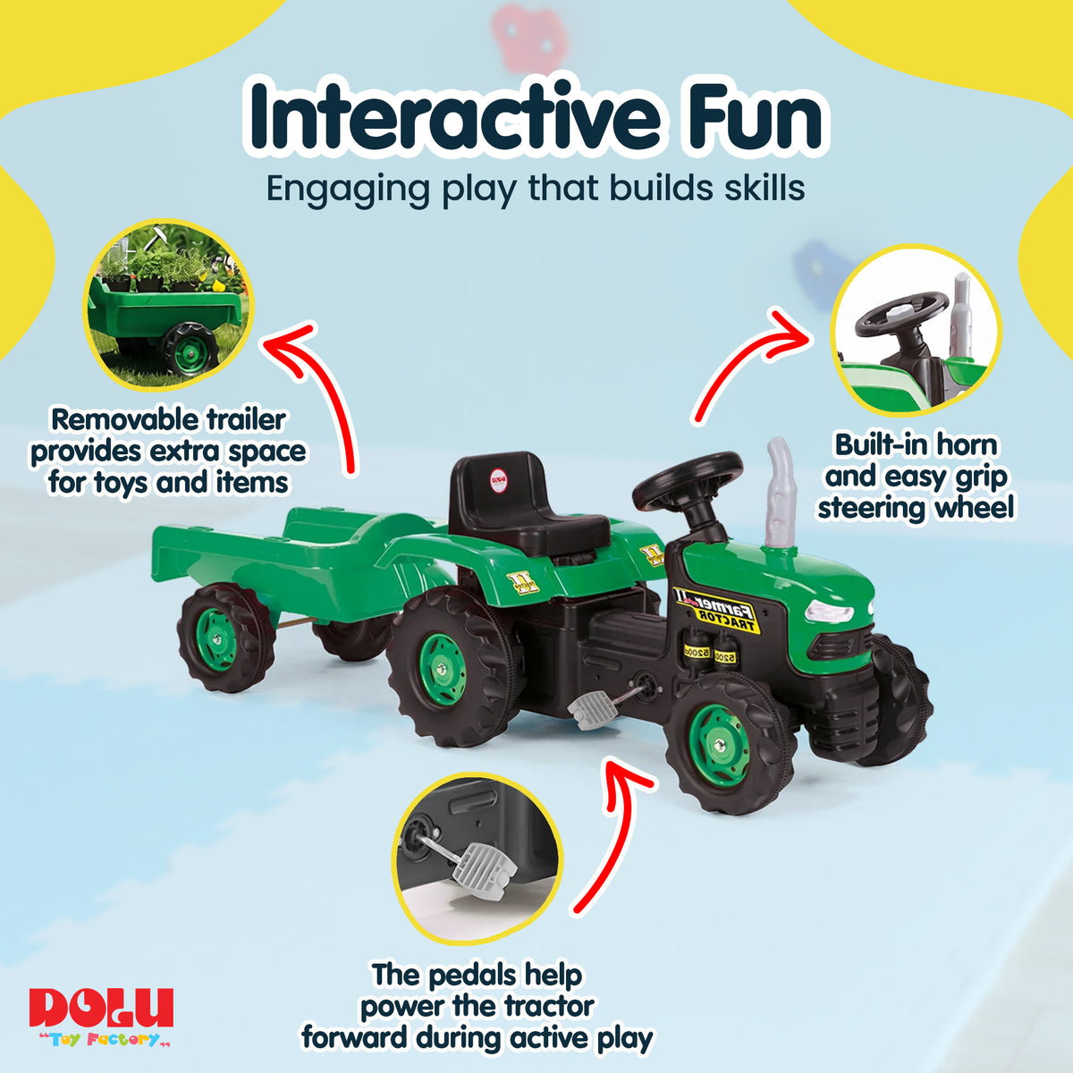 DOLU Pedal Operated Toy Tractor with Trailer for Ages 3 Years and Up, Green