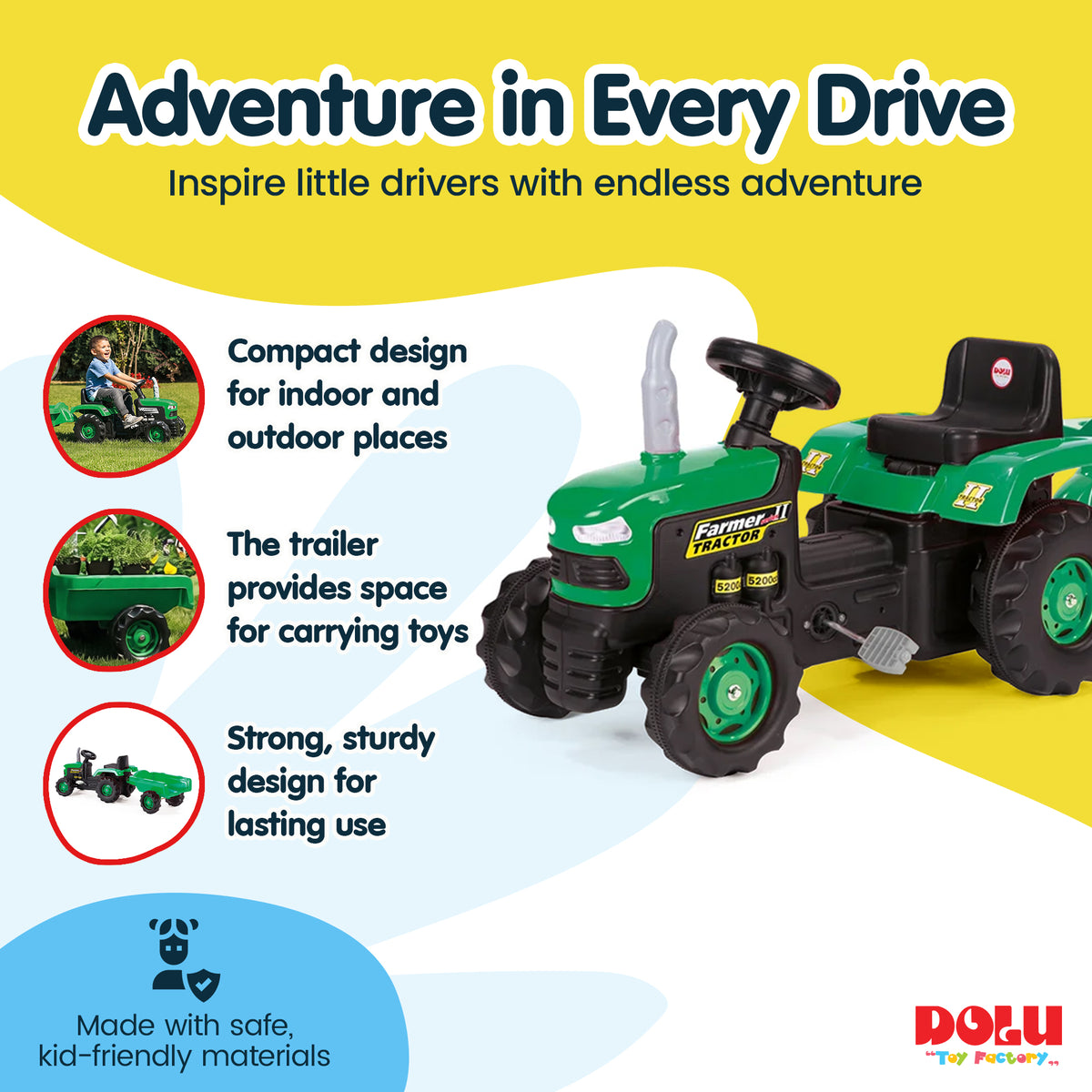 DOLU Pedal Operated Toy Tractor with Trailer for Ages 3 Years and Up, Green