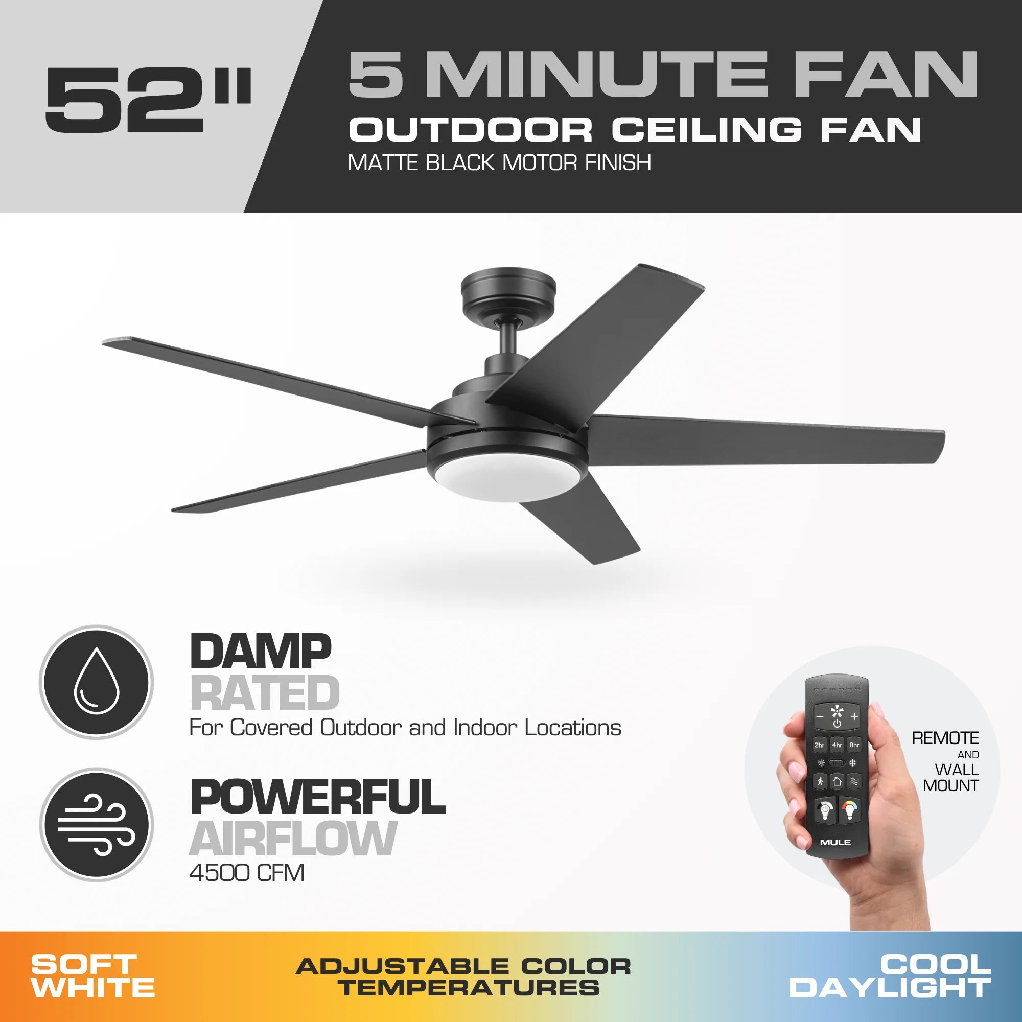Mule 52 Inch 5-Minute Indoor & Outdoor Ceiling Fan with LED Light, Matte Black