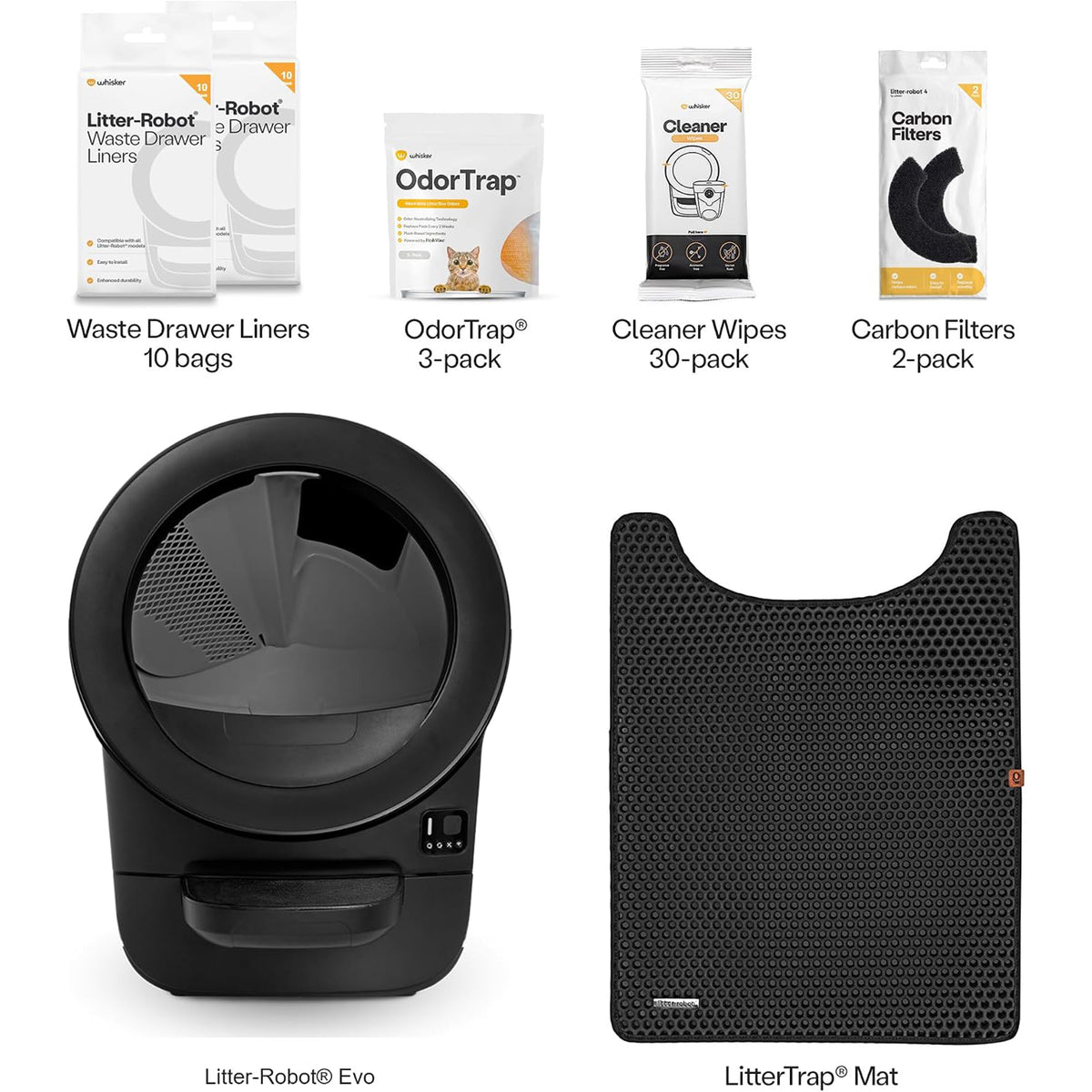 Litter-Robot EVO Bundle by Whisker, Black | Automatic Self-Cleaning Cat Litter Box, Compact Space-Saving Design, Advanced Odor Control, Includes Mat and Supply Kit