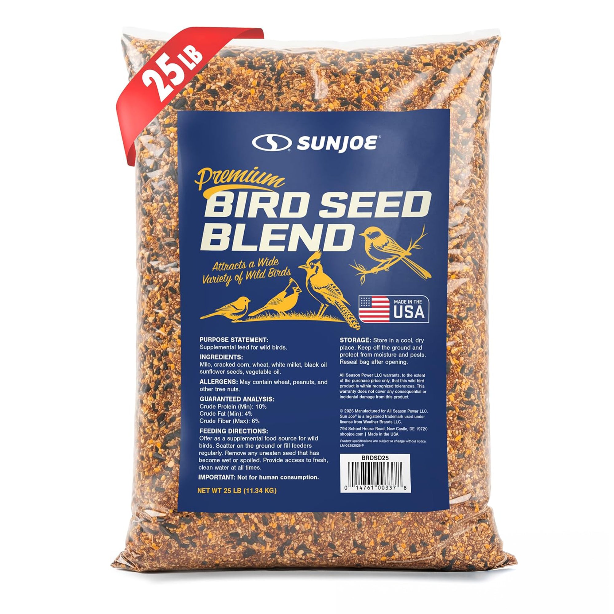 Sun Joe Wild Bird Seed Blend, Supplemental Feed for Backyard Birds, 25 Lb