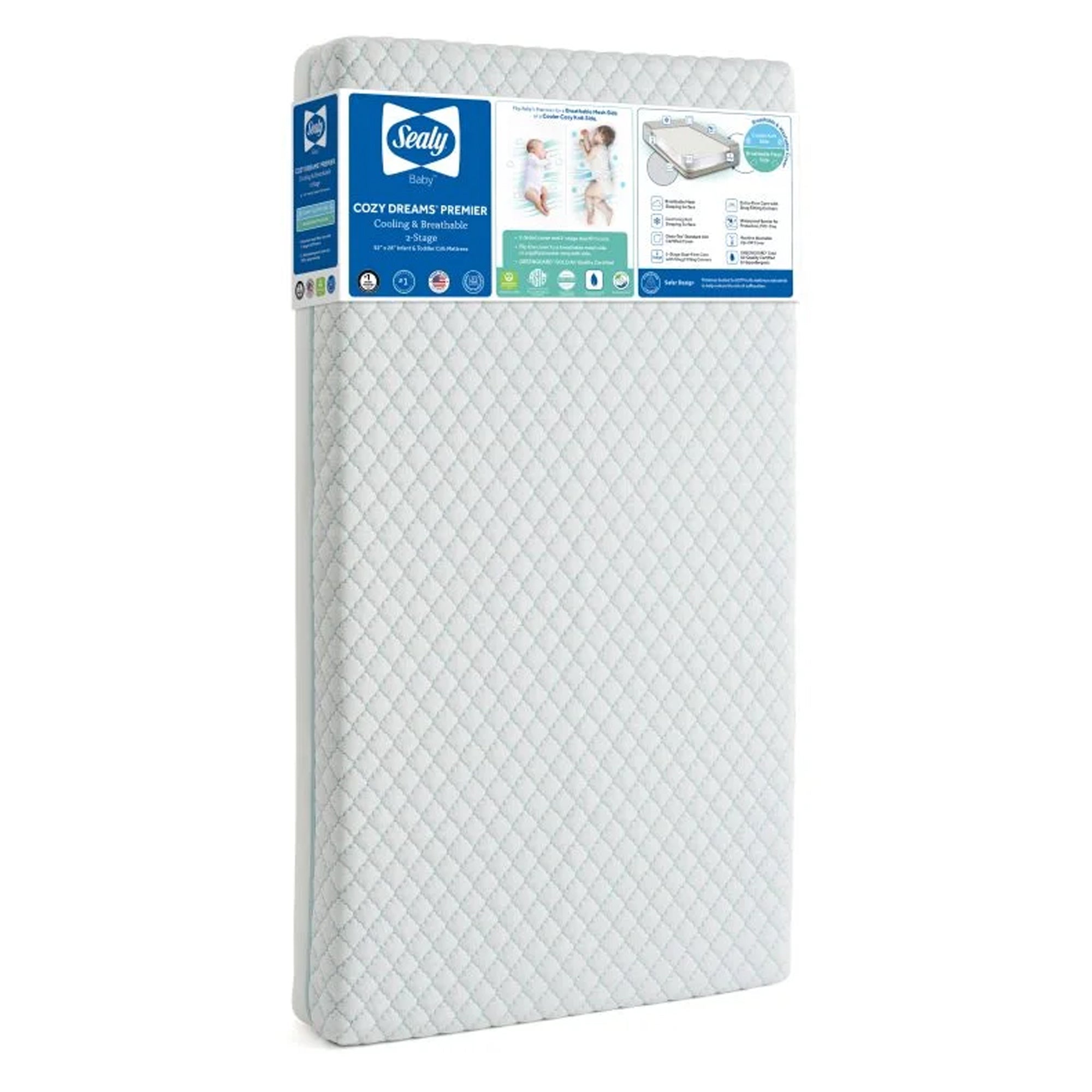 Sealy Baby Cozy Dreams Premier 2-Stage Crib Mattress, Aqua Cooling Clouds