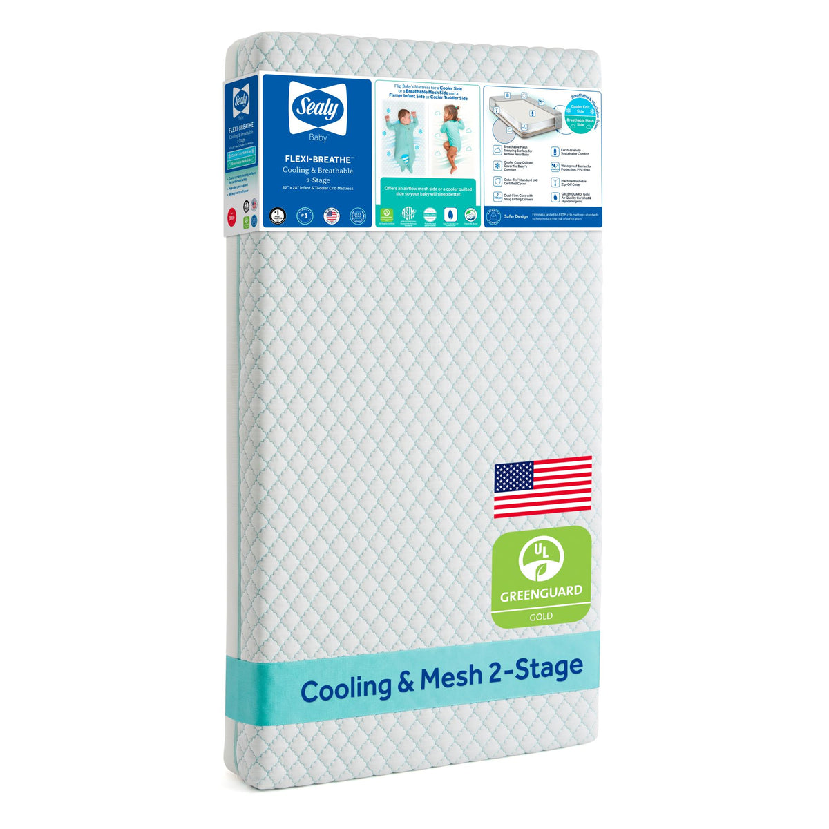 Sealy Baby Cozy Dreams Premier 2-Stage Crib Mattress, Aqua Cooling Clouds