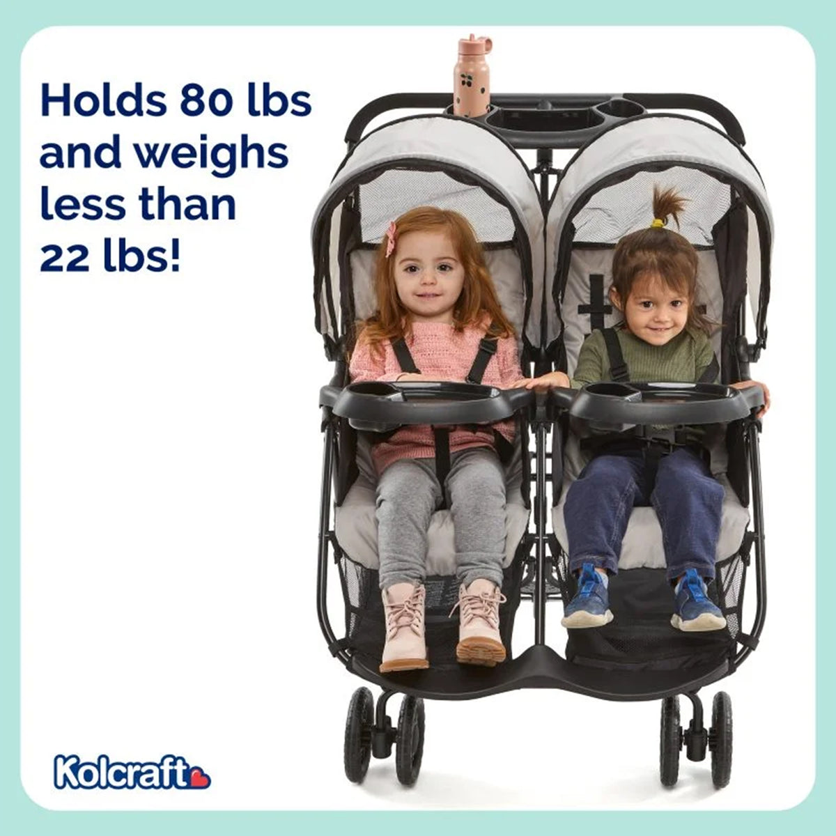 Kolcraft Baby and Toddler Double Stroller, Lightweight, 40 Lb/Seat, Slate Gray