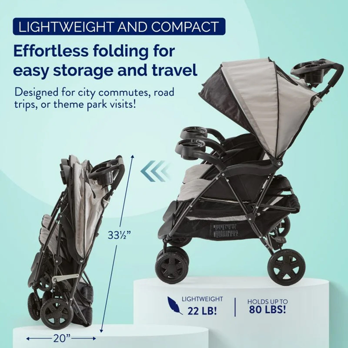 Kolcraft Baby and Toddler Double Stroller, Lightweight, 40 Lb/Seat, Slate Gray