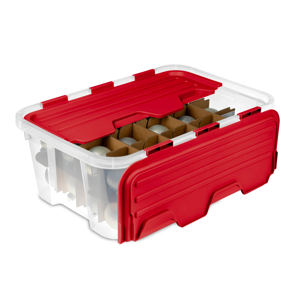 Sterilite 6 Pack 40 Qt Hinged Lid Ornament Storage Box with Dividers, Rocket Red