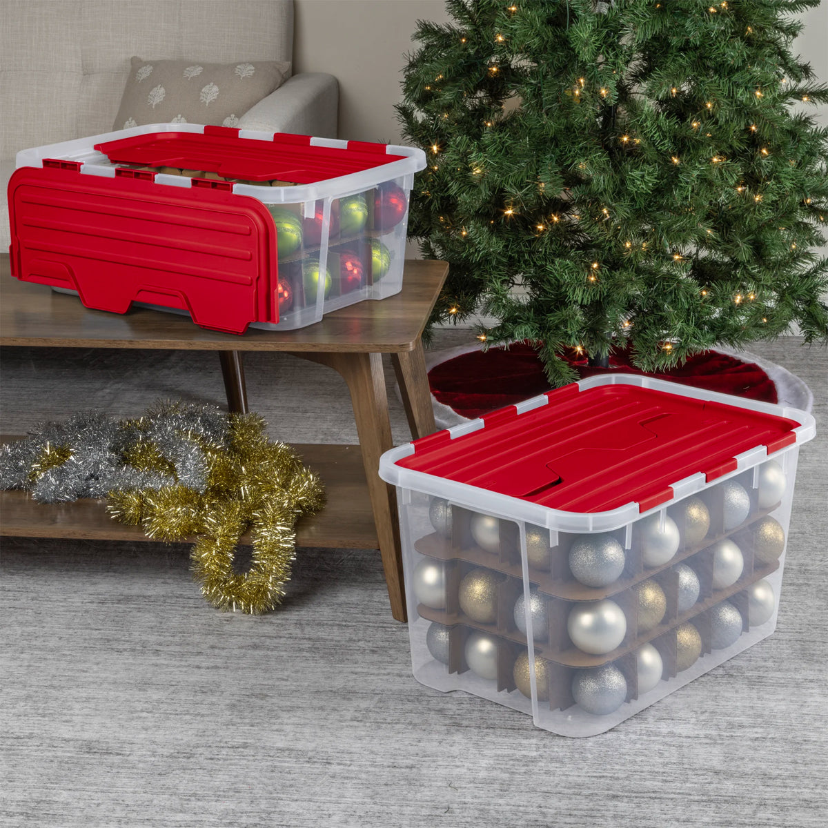 Sterilite 6 Pack 40 Qt Hinged Lid Ornament Storage Box with Dividers, Rocket Red