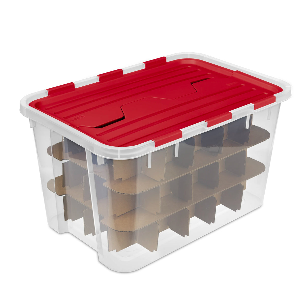 Sterilite 4 Pack 60 Qt Hinged Lid Ornament Storage Box with Dividers, Rocket Red