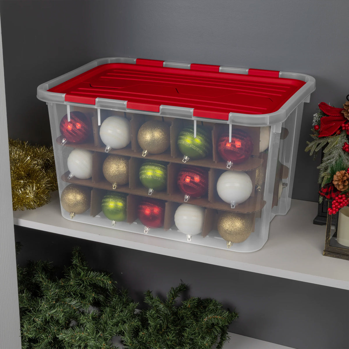 Sterilite 4 Pack 60 Qt Hinged Lid Ornament Storage Box with Dividers, Rocket Red