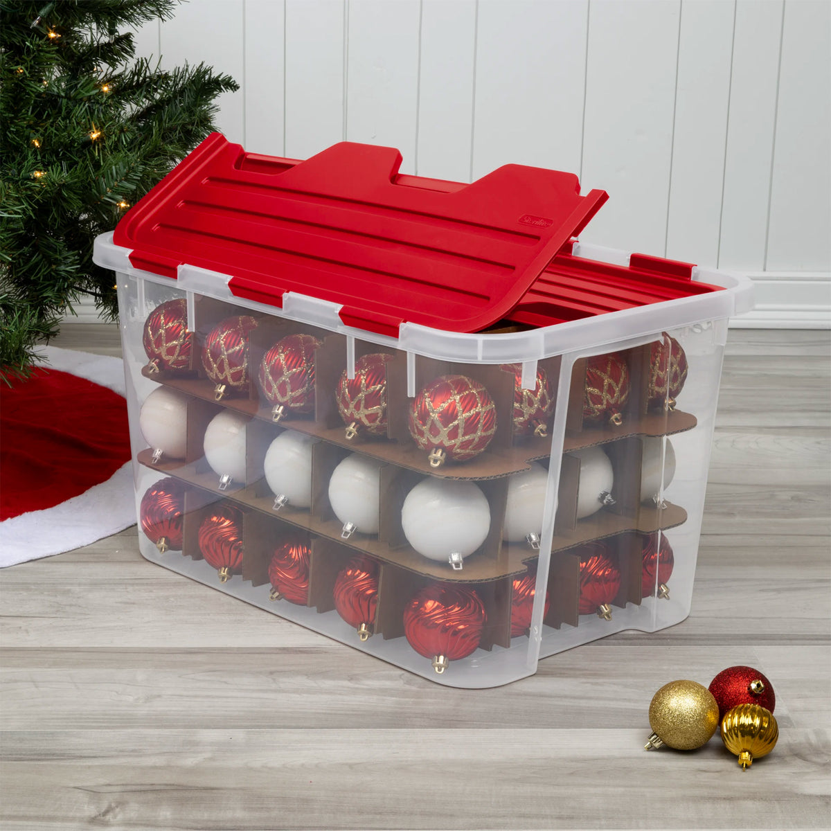 Sterilite 4 Pack 60 Qt Hinged Lid Ornament Storage Box with Dividers, Rocket Red