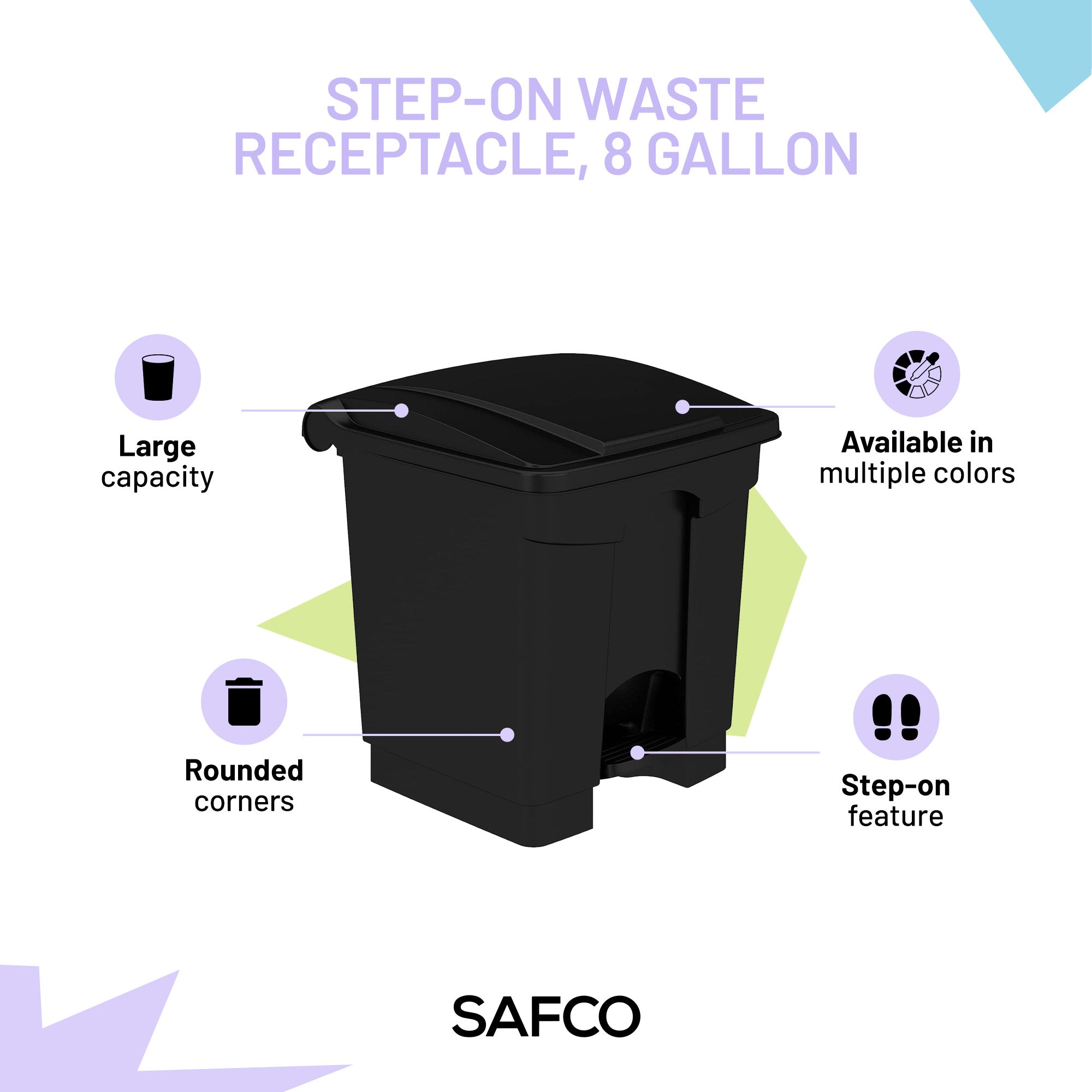 Safco Step On Trash Can with Foot Pedal, 8 Gallon Plastic Waste Bin, Black - VMInnovations