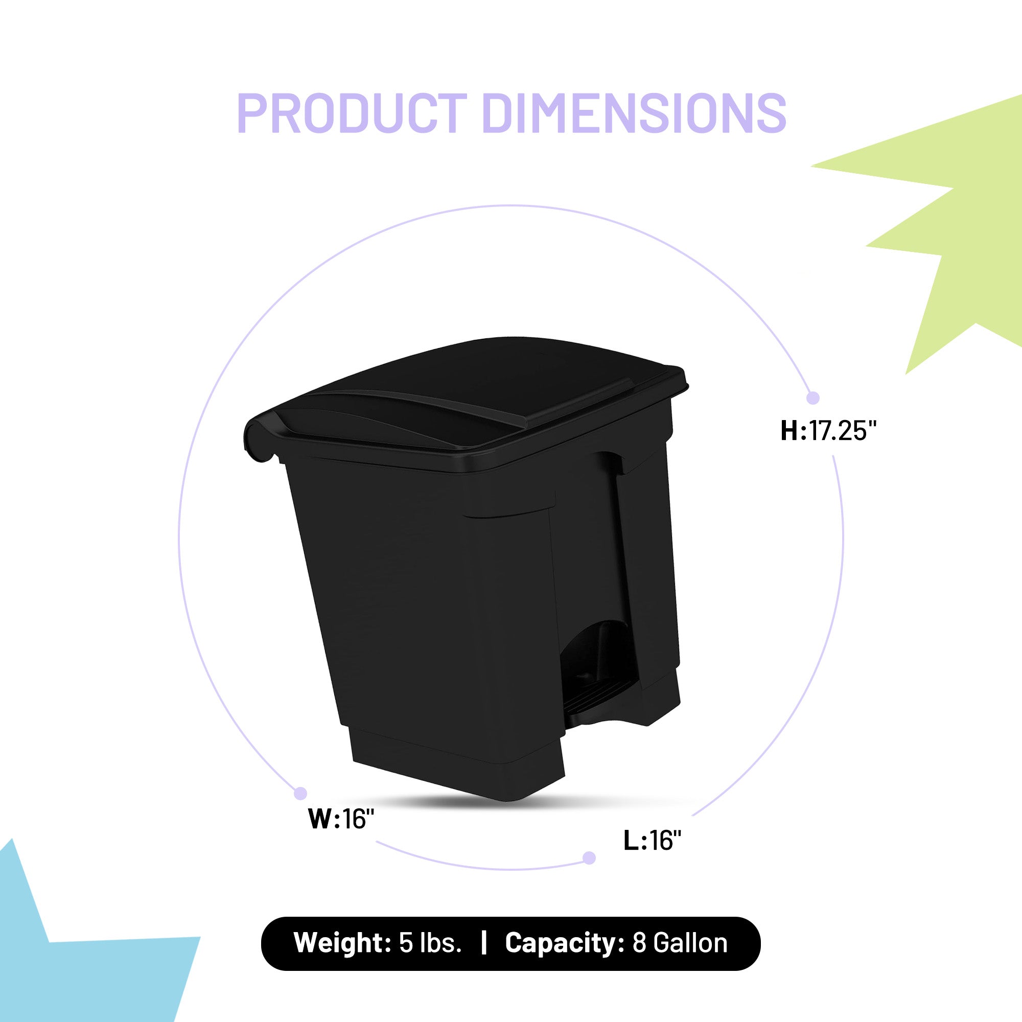 Safco Step On Trash Can with Foot Pedal, 8 Gallon Plastic Waste Bin, Black - VMInnovations