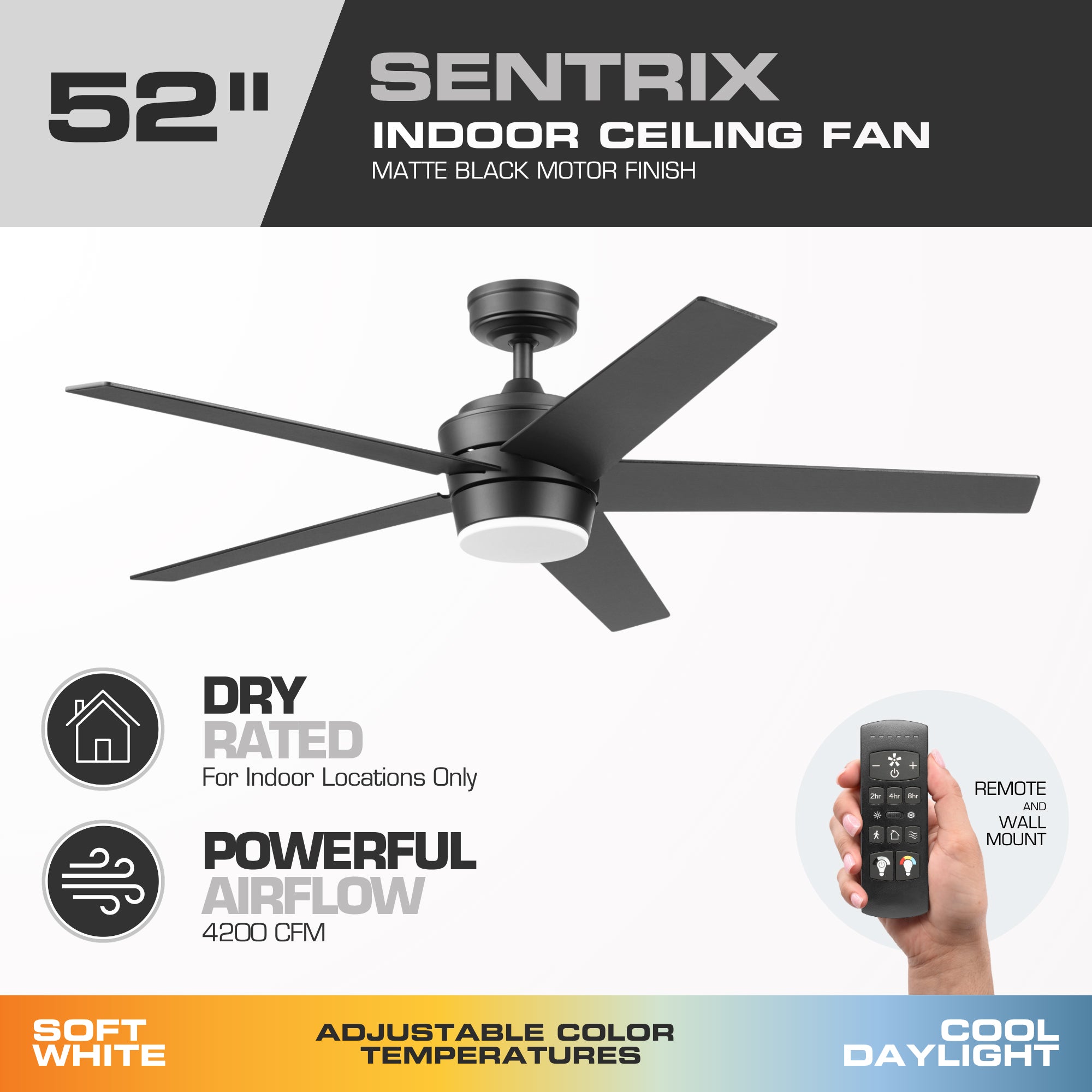 Mule Sentrix 52 Inch Ceiling Fan with LED Light, Remote, BLDC Motor, Matte Black