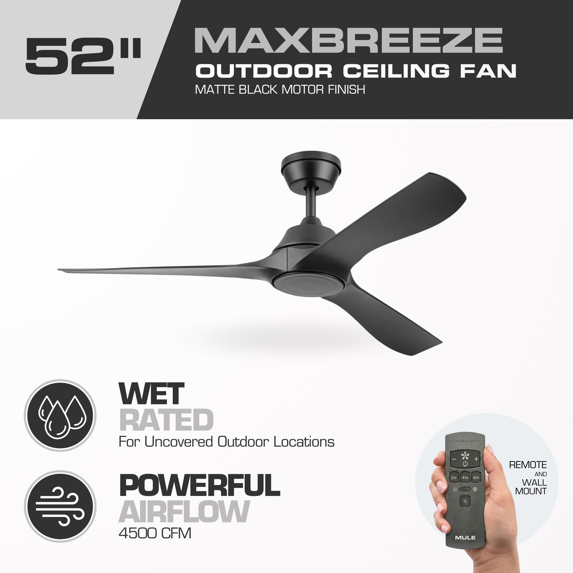 Mule Max Breeze 52" Wet Rated Indoor/Outdoor Ceiling Fan w/ Remote, Matte Black