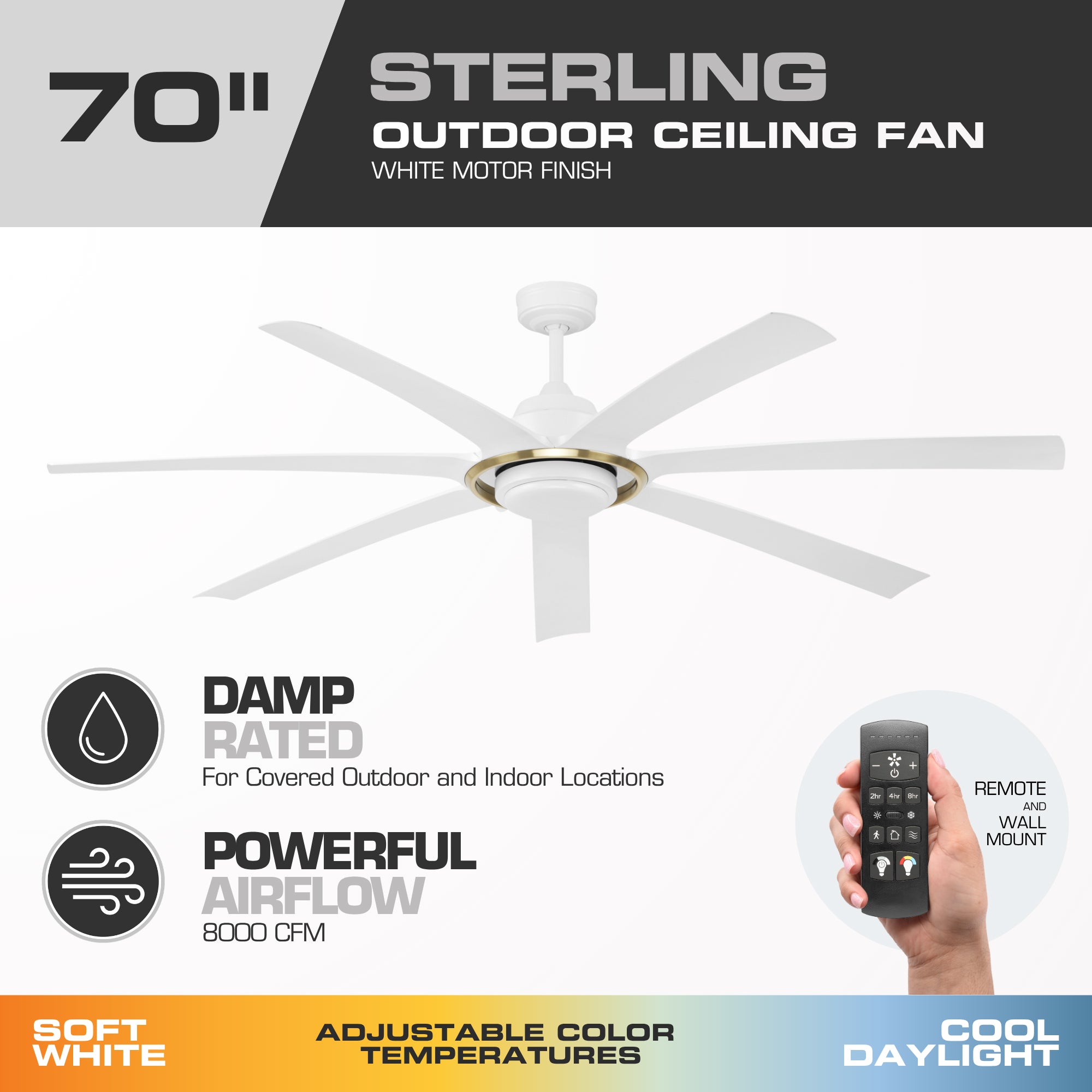 Mule Sterling 70 Inch Sterling Indoor/Covered Outdoor Ceiling Fan, White/Gold