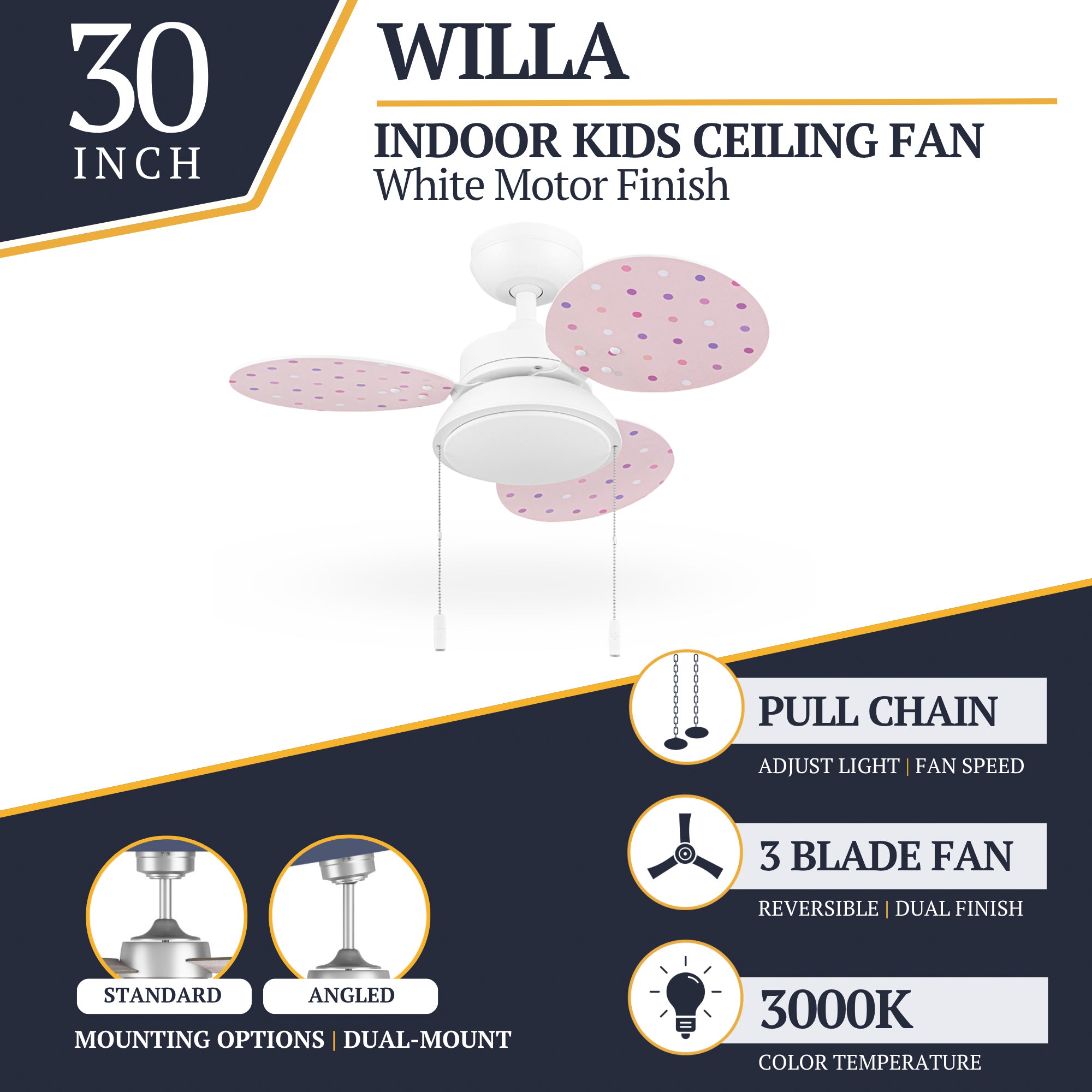Prominence Home Willa 30-Inch LED Ceiling Fan With Light, Pull Chain, White