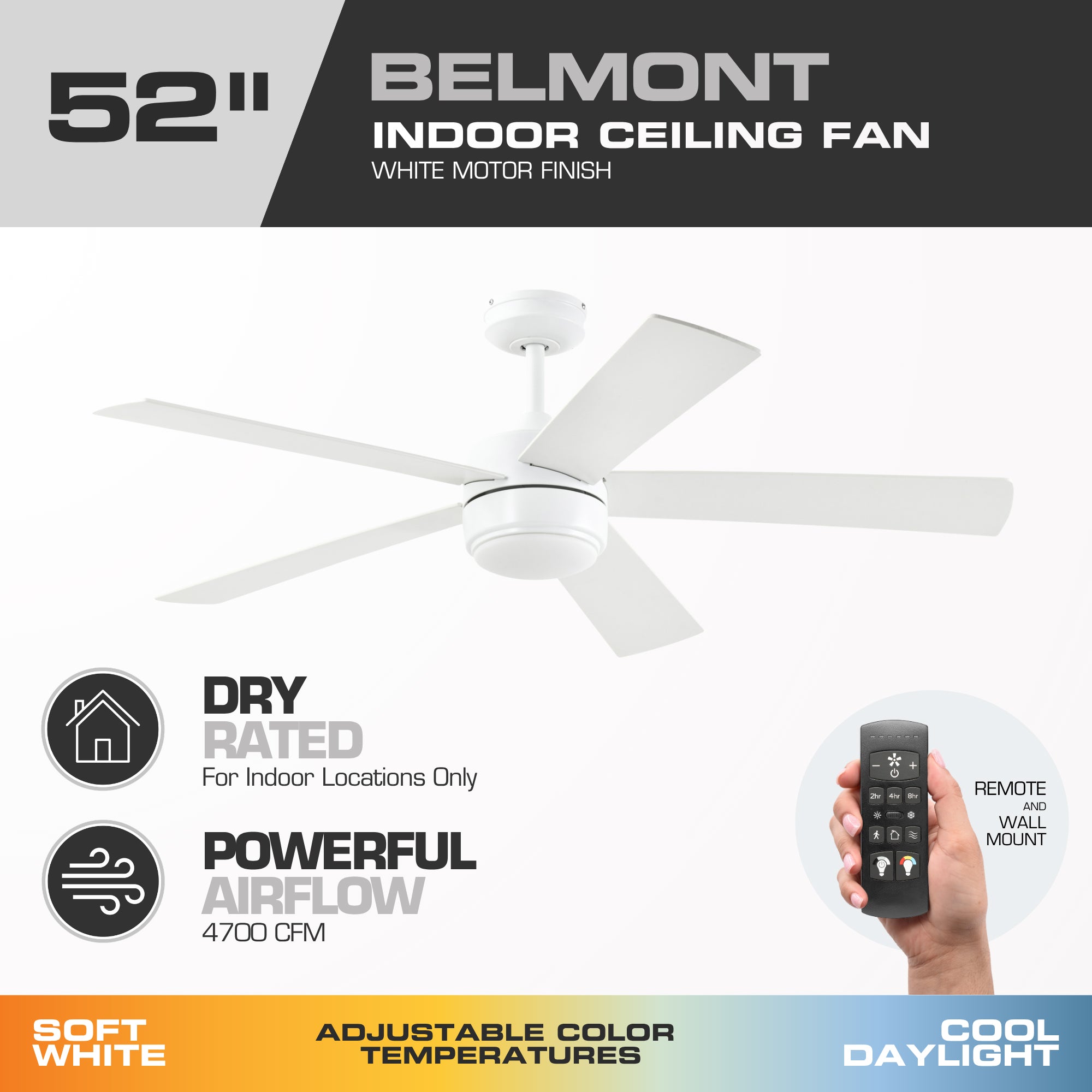 Mule Belmont 52 Inch Indoor Ceiling Fan with LED Light and Remote Control, White