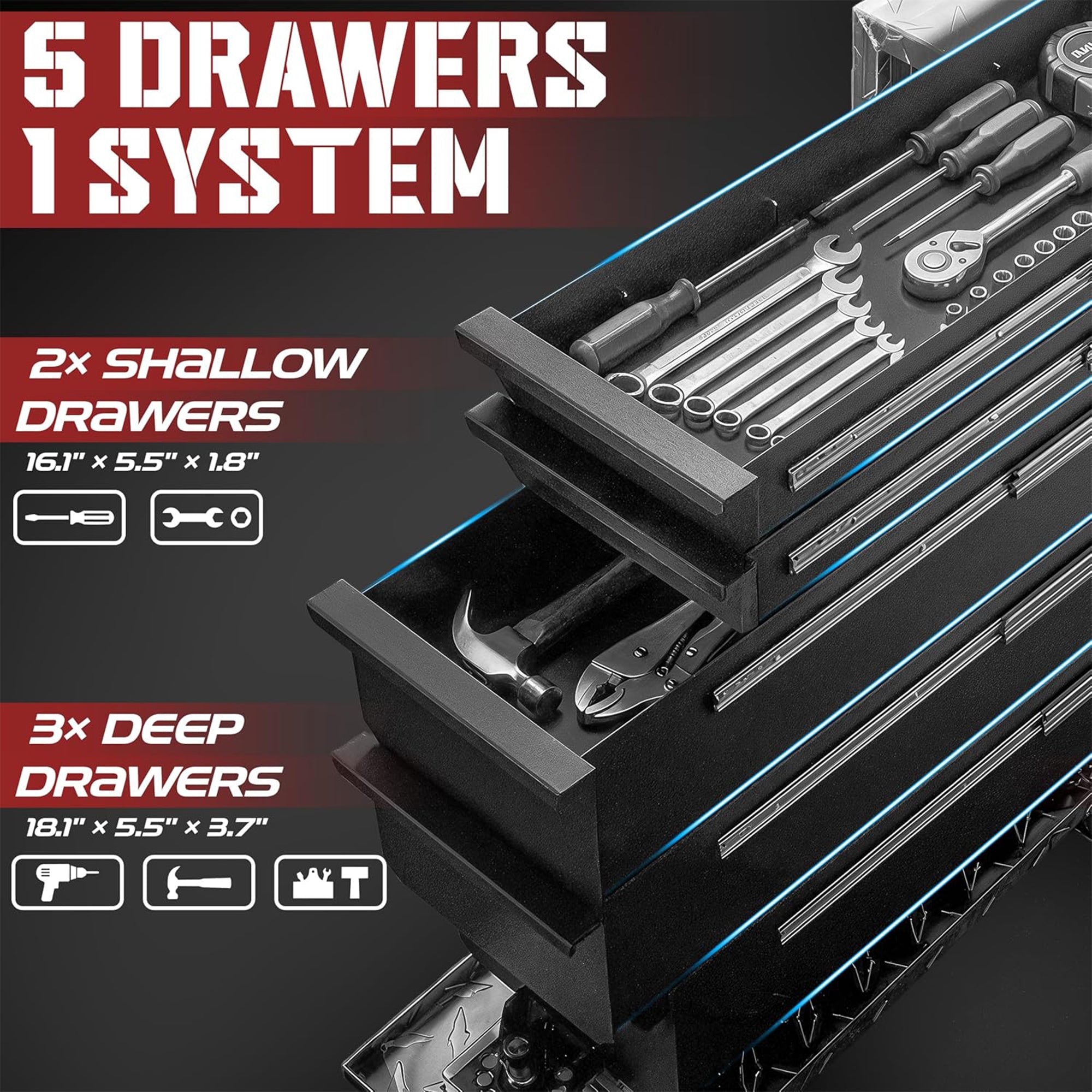 OLY-PRO Truck Bed Tool Box w/ 5-Drawers, T-Handle Lockable Heavy-Duty Storage