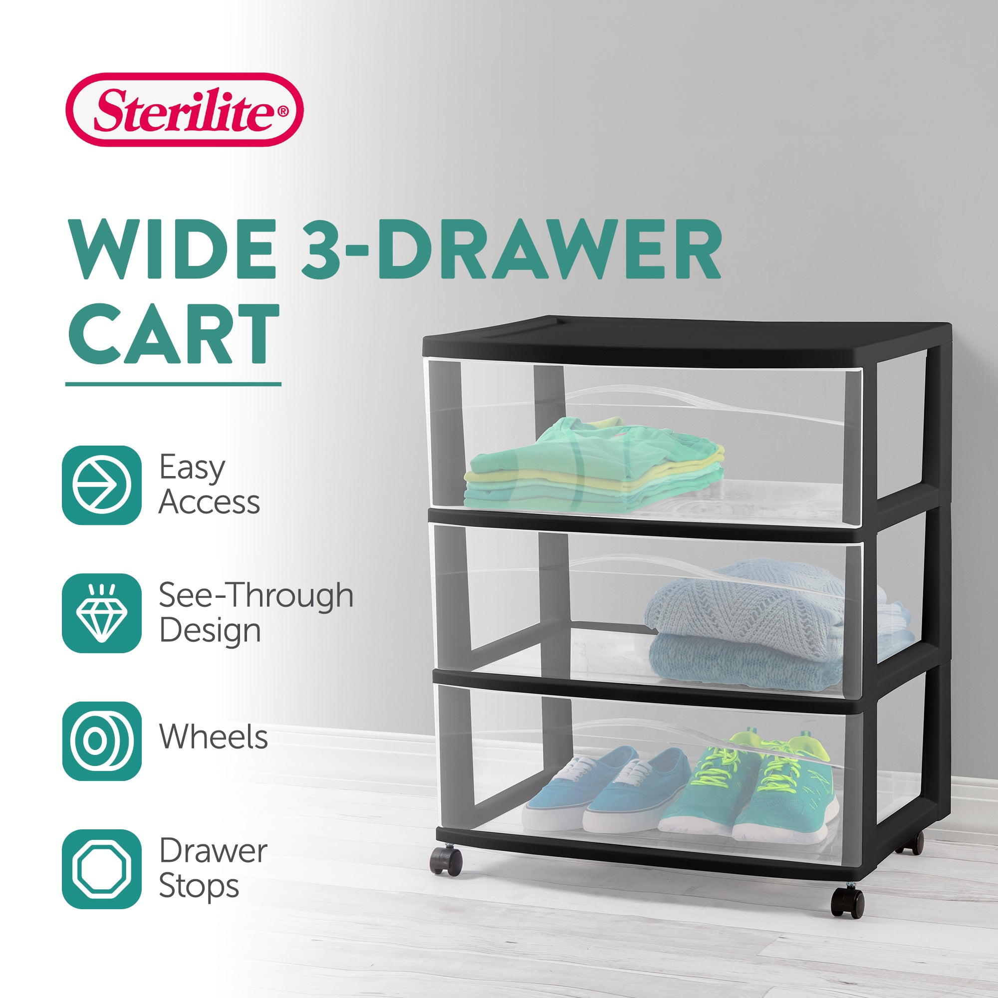 Sterilite Wide 3 Drawer Storage Cart, Plastic Rolling Organizer, Black, 3 Pack