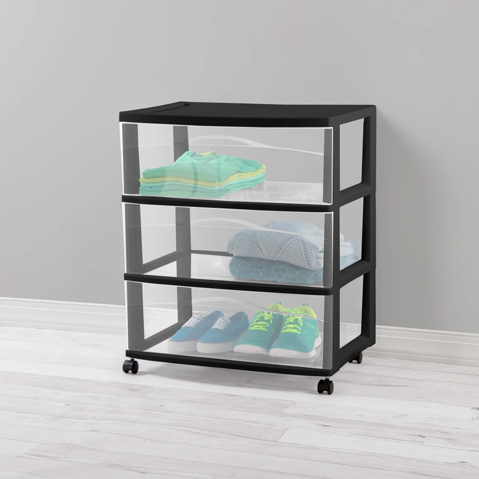 Sterilite Wide 3 Drawer Storage Cart, Plastic Rolling Organizer, Black, 2 Pack