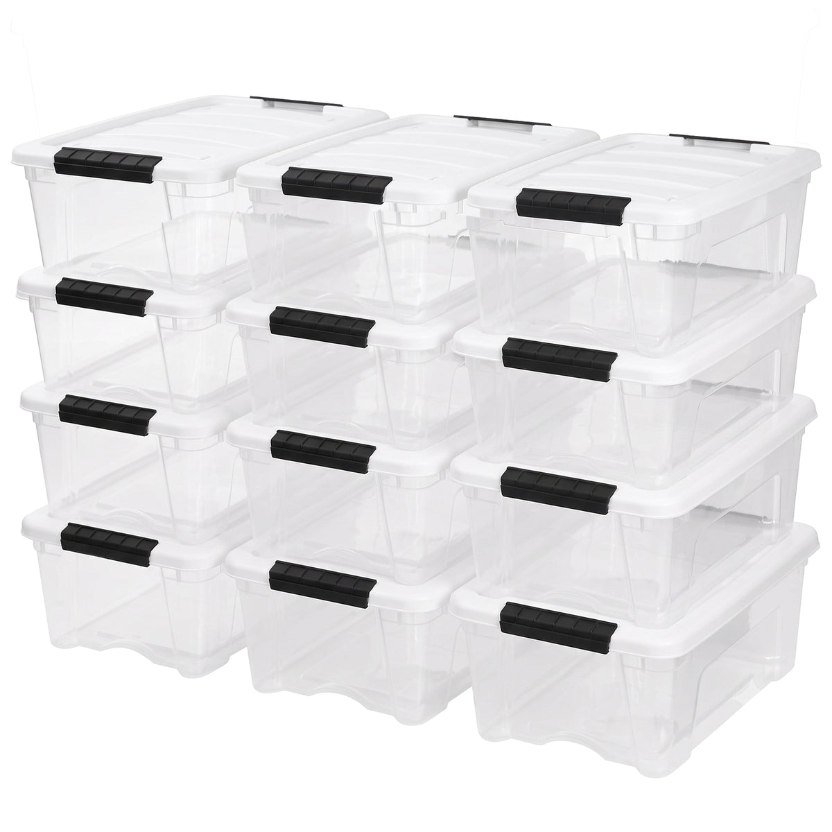 IRIS USA Stackable 13 Qt Storage Organizer Bins with Lids, Clear/White, 12-Pack