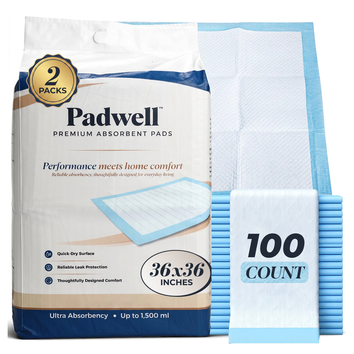 Padwell Absorbent Pads for Bed and Floor Protection, 36 x 36 Inches, 100 Count