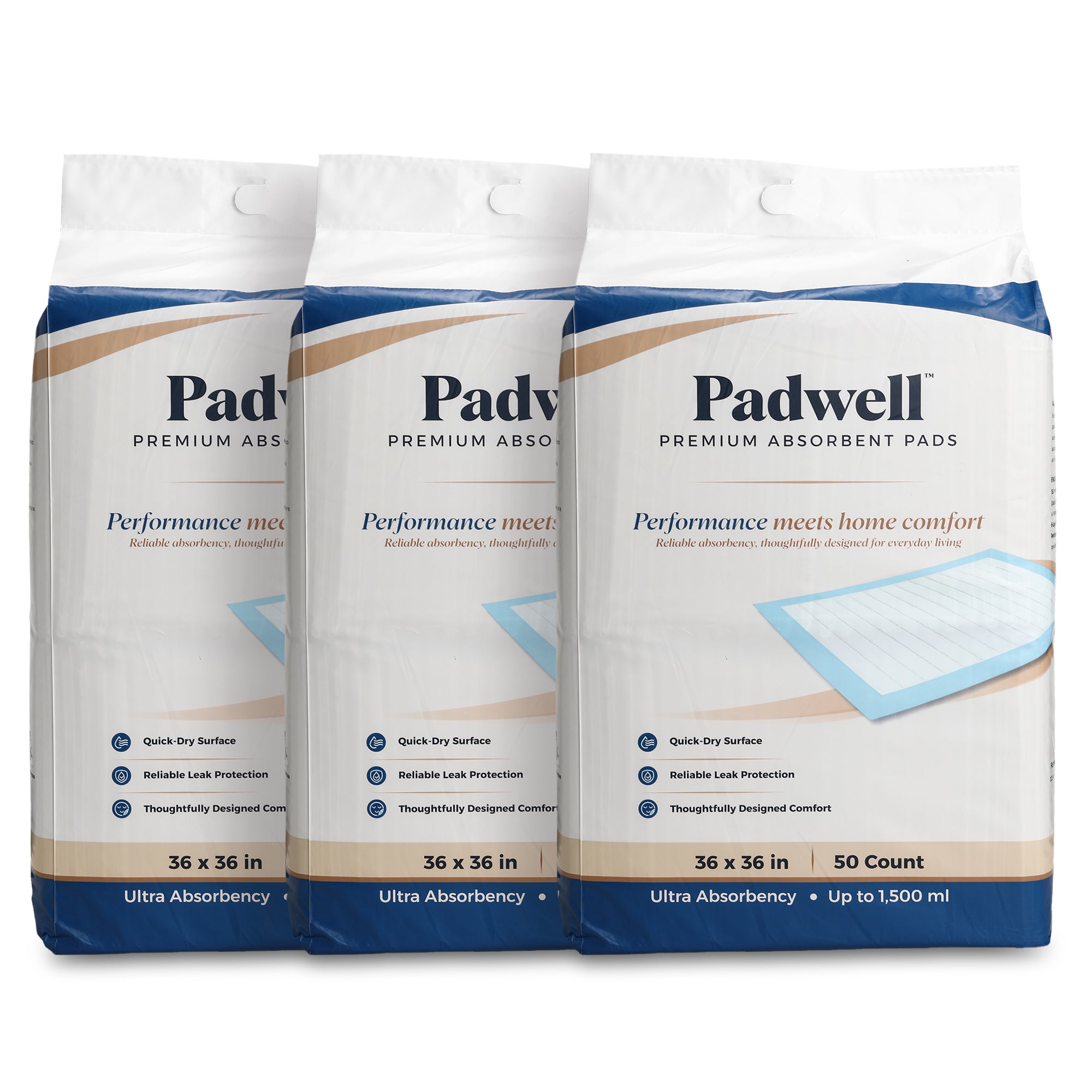 Padwell Absorbent Pads for Bed and Floor Protection, 36 x 36 Inches, 150 Count