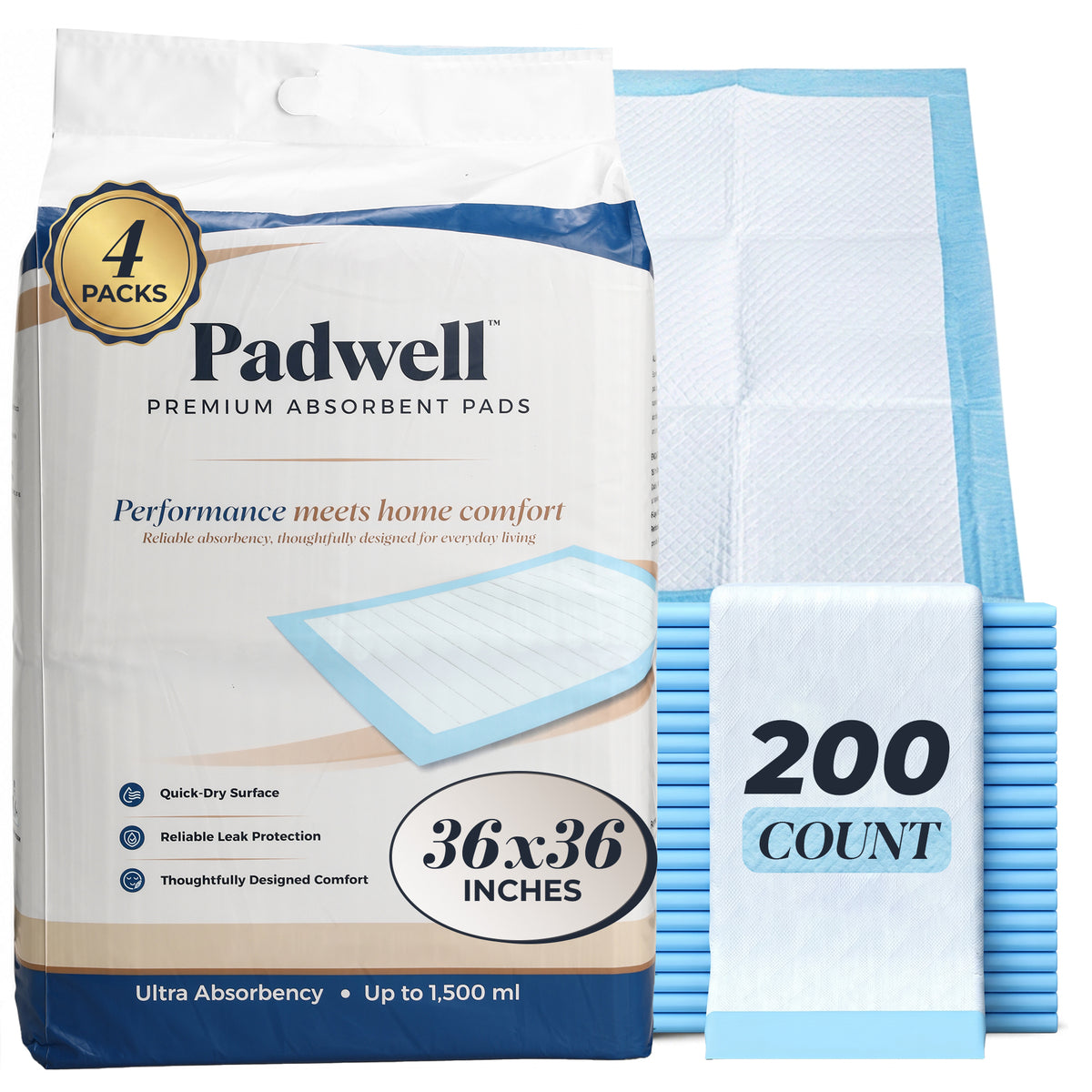 Padwell Absorbent Pads for Bed and Floor Protection, 36 x 36 Inches, 200 Count